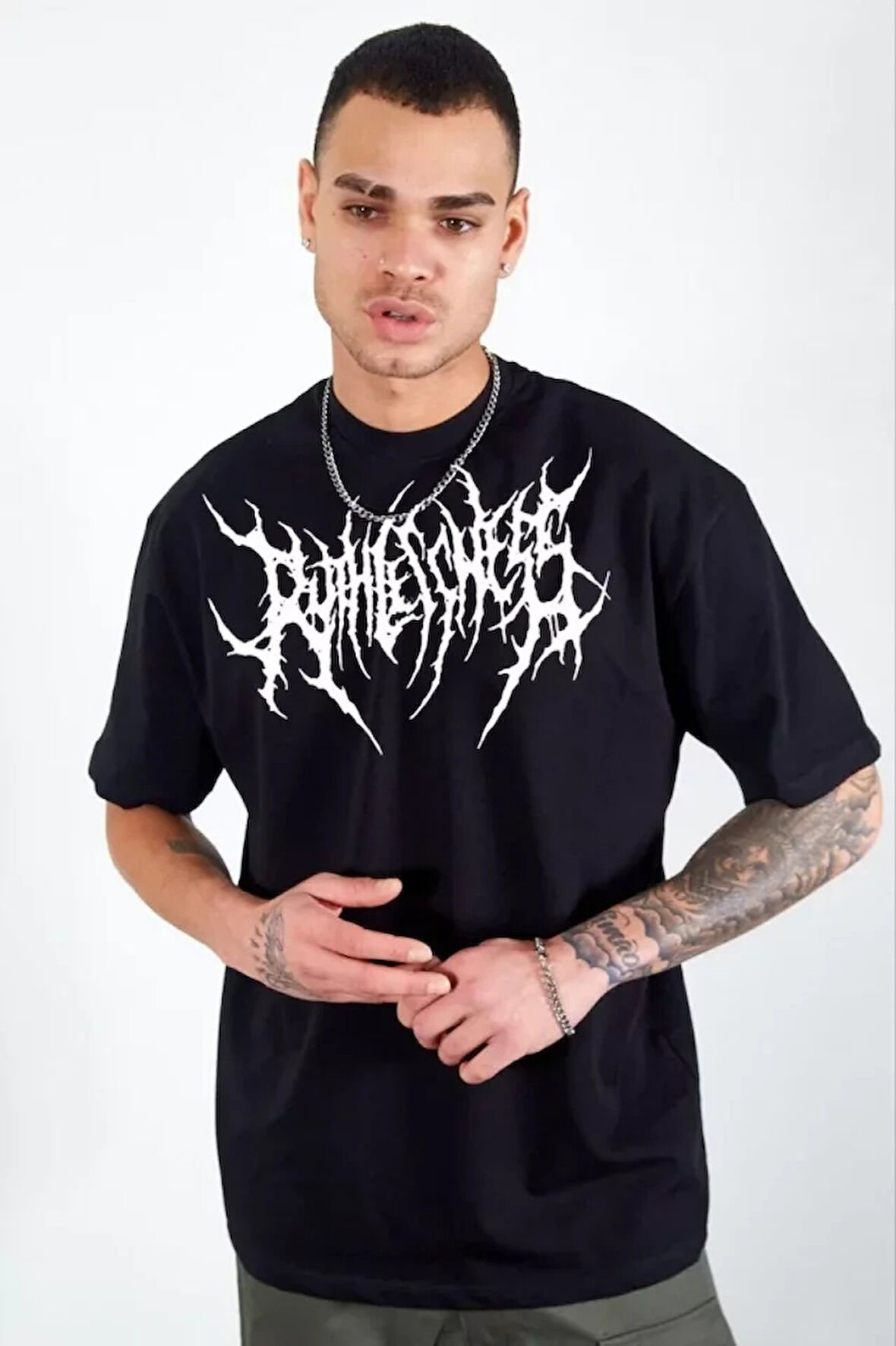 Unisex Bisiklet Yaka Baskılı Oversize Thirt  iyah