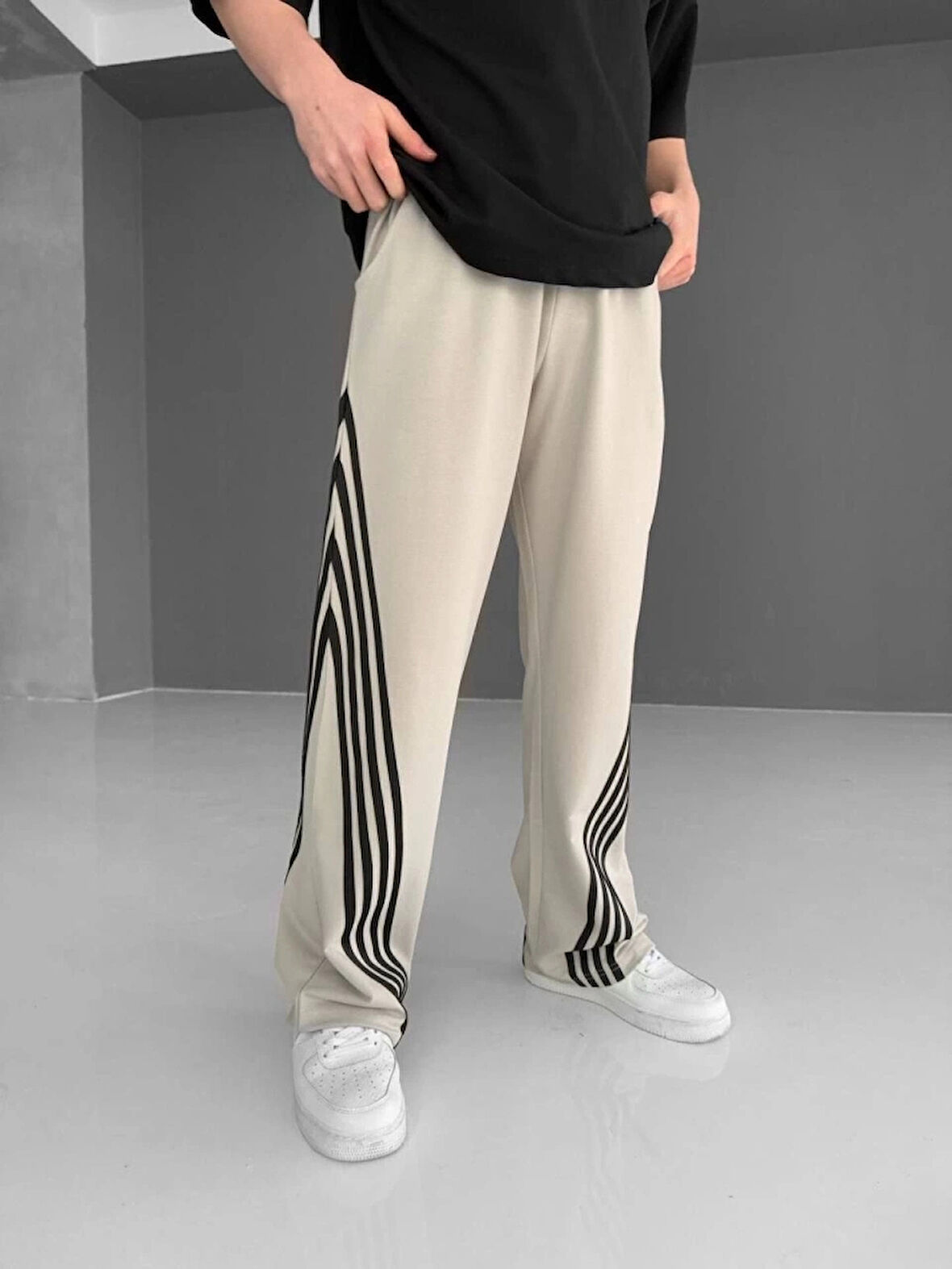 İki İplik Kumaş Şeritli Alt Esofman  Bej