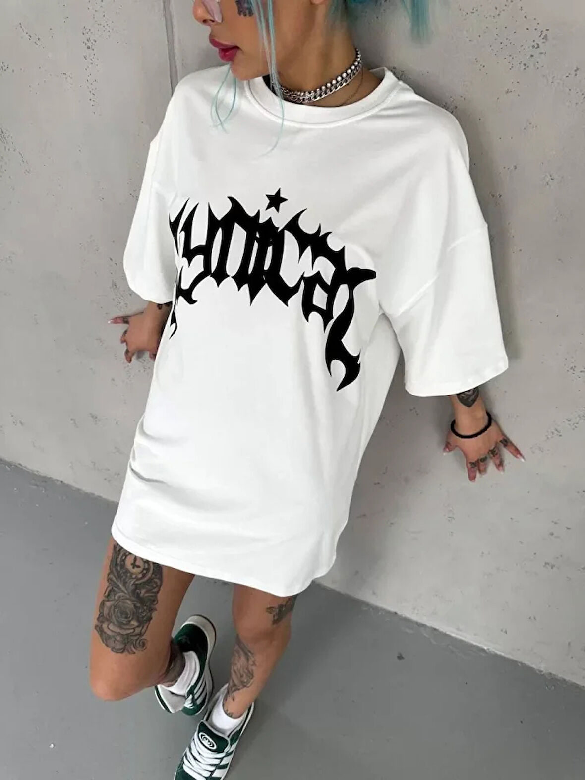 Unisex Bisiklet Yaka Baskılı Oversize Thirt  Beyaz