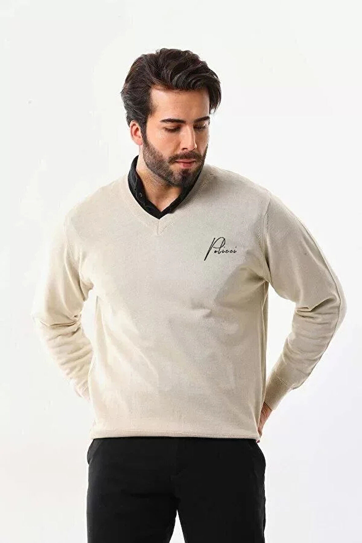 Baskılı V Yaka Uzun Kol Dokuma Triko  Bej