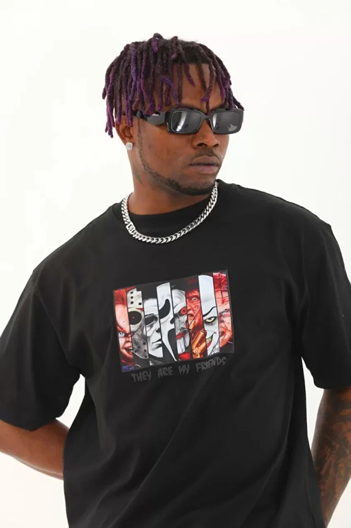 Unisex Oversize Baskılı Bisiklet Yaka Thirt  iyah