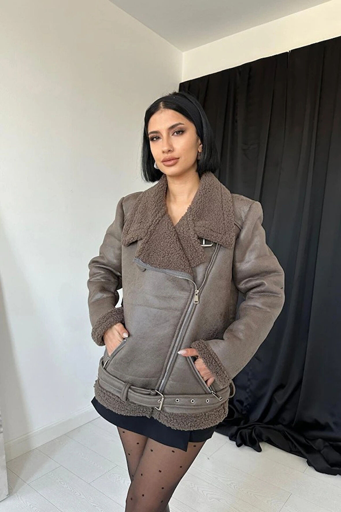 Haki Apoletli Kürklü Ceket