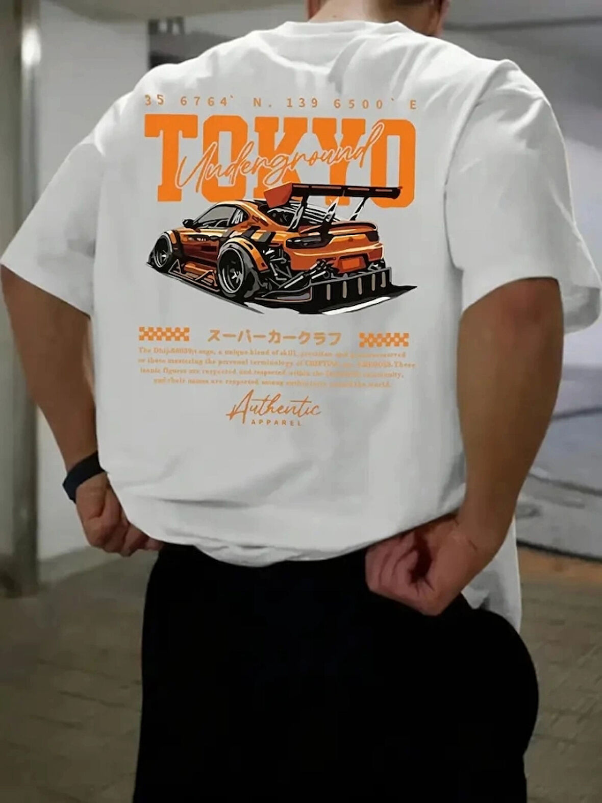 Baskılı Oversize Bisiklet Yaka Tshirt  Beyaz