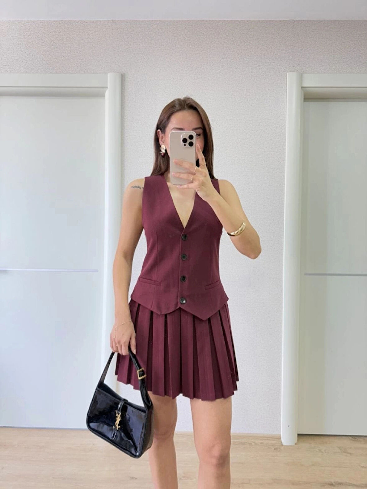 Takım Görünümlu Yelekli ini Elbise Bordo