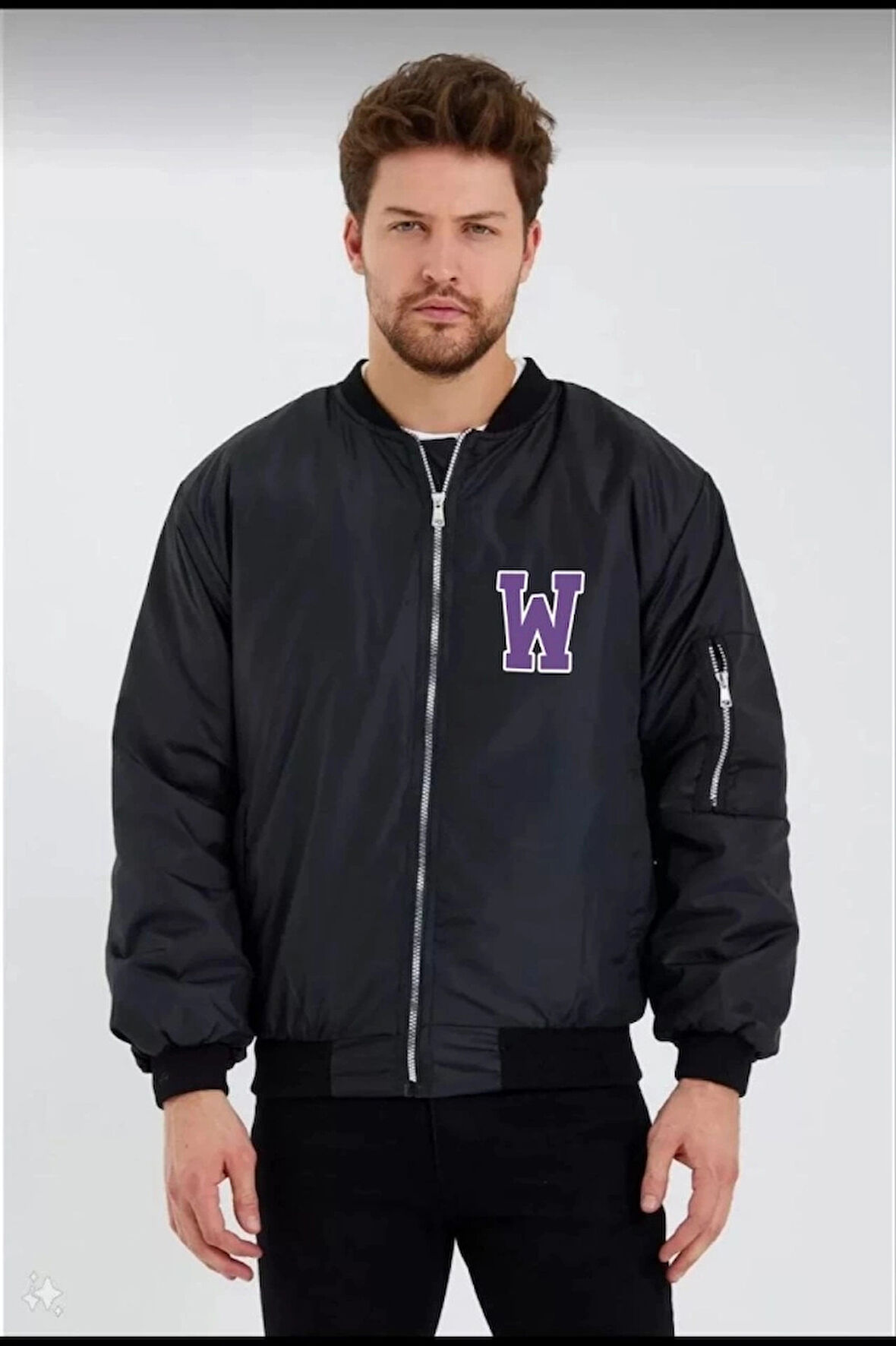 Unisex Uzun Kol Baskılı Bomber Ceket  iyah