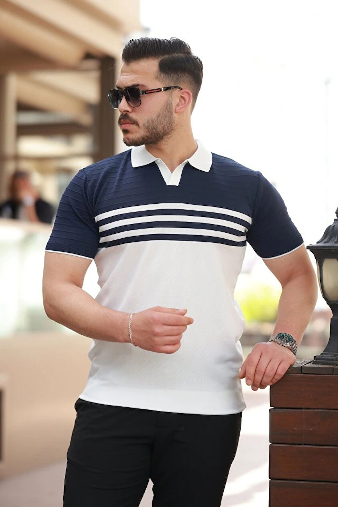 Erkek çizgi Desenli Yakalı Kısa Kollu Tshirt