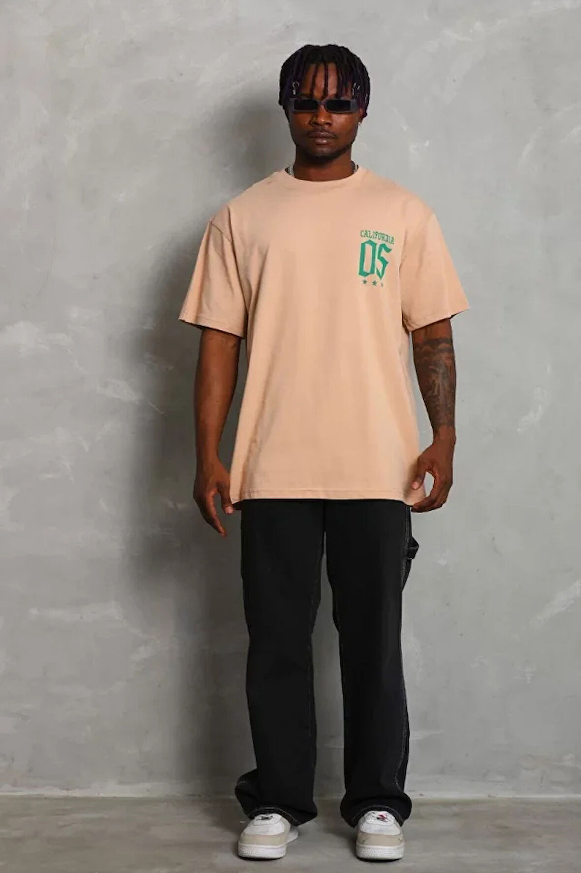 Unisex Oversize Baskılı Bisiklet Yaka Thirt  Bej