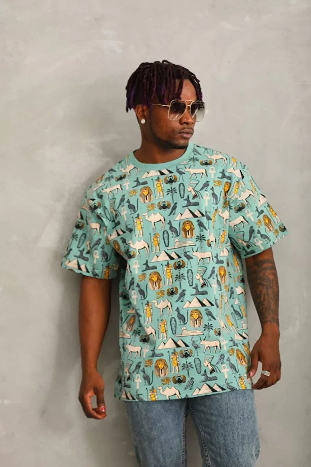 Unisex Oversize Baskılı Bisiklet Yaka Thirt  int Yeşili