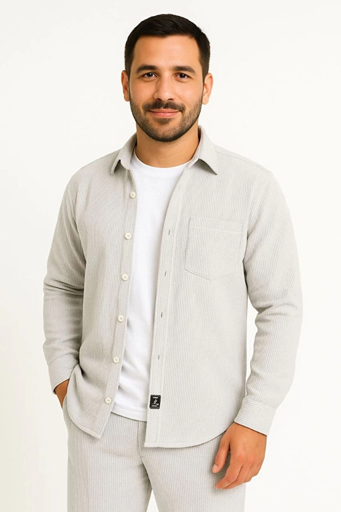 Erkek Fitilli Kadife Cepli Gömlek Oversize Rahat Kalıp  Gri