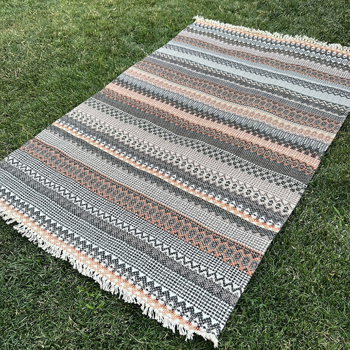 Eko Halı Bodrum BD 04 Natural Terra Fırsat Renkli Çift Taraflı Yıkanabilir Saçaklı Baskı Kilim