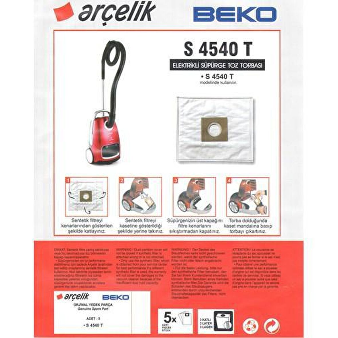 Beko Arçelik - Beko S 4540 T Elektrikli Süpürge Toz Torbası (5 Adet