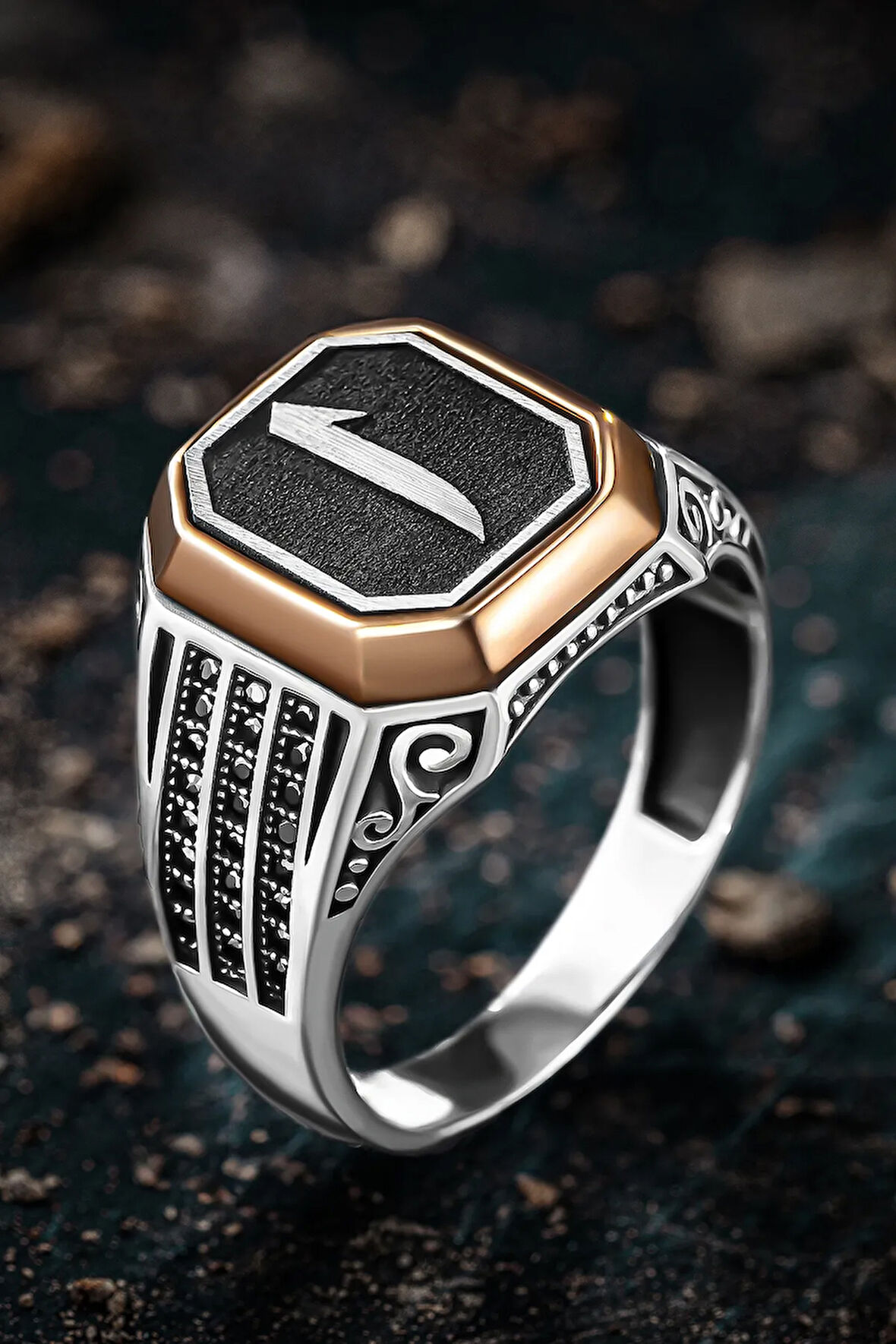 Erkek Gümüş Yüzük - Üç Sıra Zirkon Taşlı Elif İşlemeli Erkek Yüzük