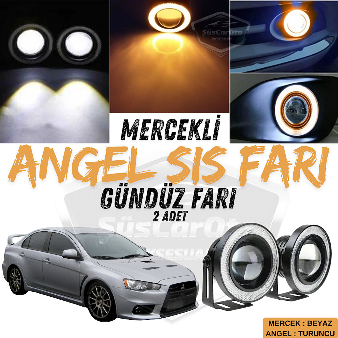 Mitsubishi Lancer 2007-2014 Uyumlu Üniversal Mercekli Angel Sis Farı Metal Su Geçirmez 76 mm Turuncu Halkalı Gündüz Farı Angel Eyes 2 Adet