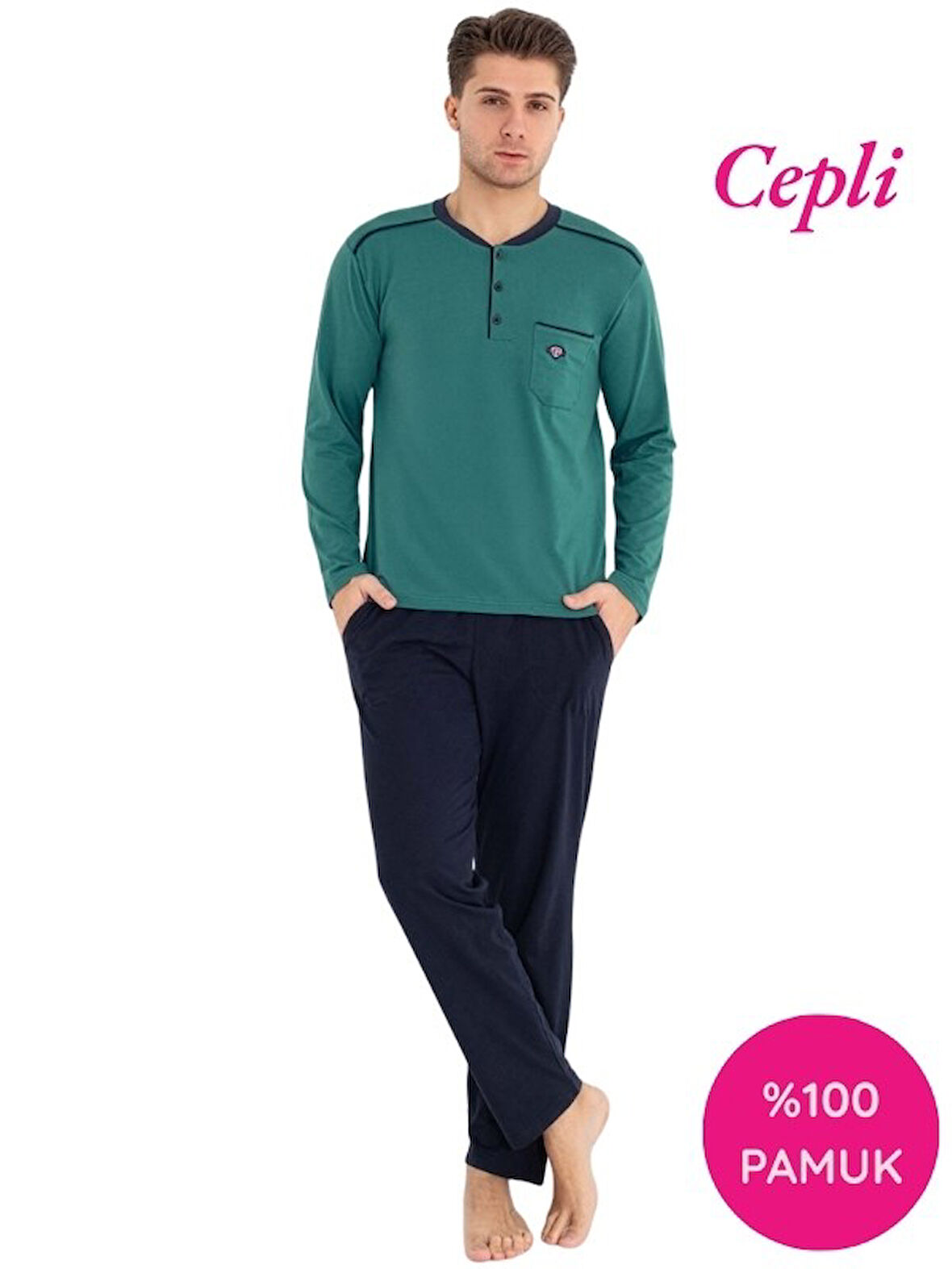 Guava Erkek 3 Düğmeli %100 Pamuk Göğüs Cepli Mevsimlik Uzun Kol Cepli Pijama Takımı