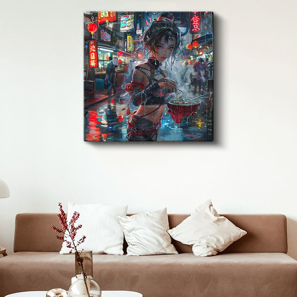 Cyberpunk Sokakları - Neon Gece Hayatı Anime Kanvas Tablo