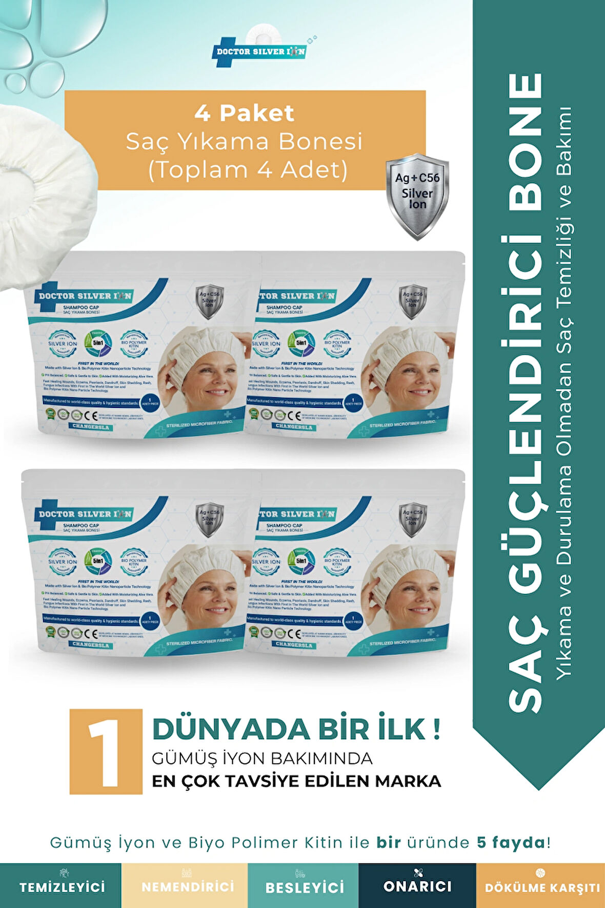 Gümüş İyonlu Saç Yıkama Bonesi 4’lü – Durulama Gerektirmez, Hasta Ve Yatalak Hasta Bakım Ürünü