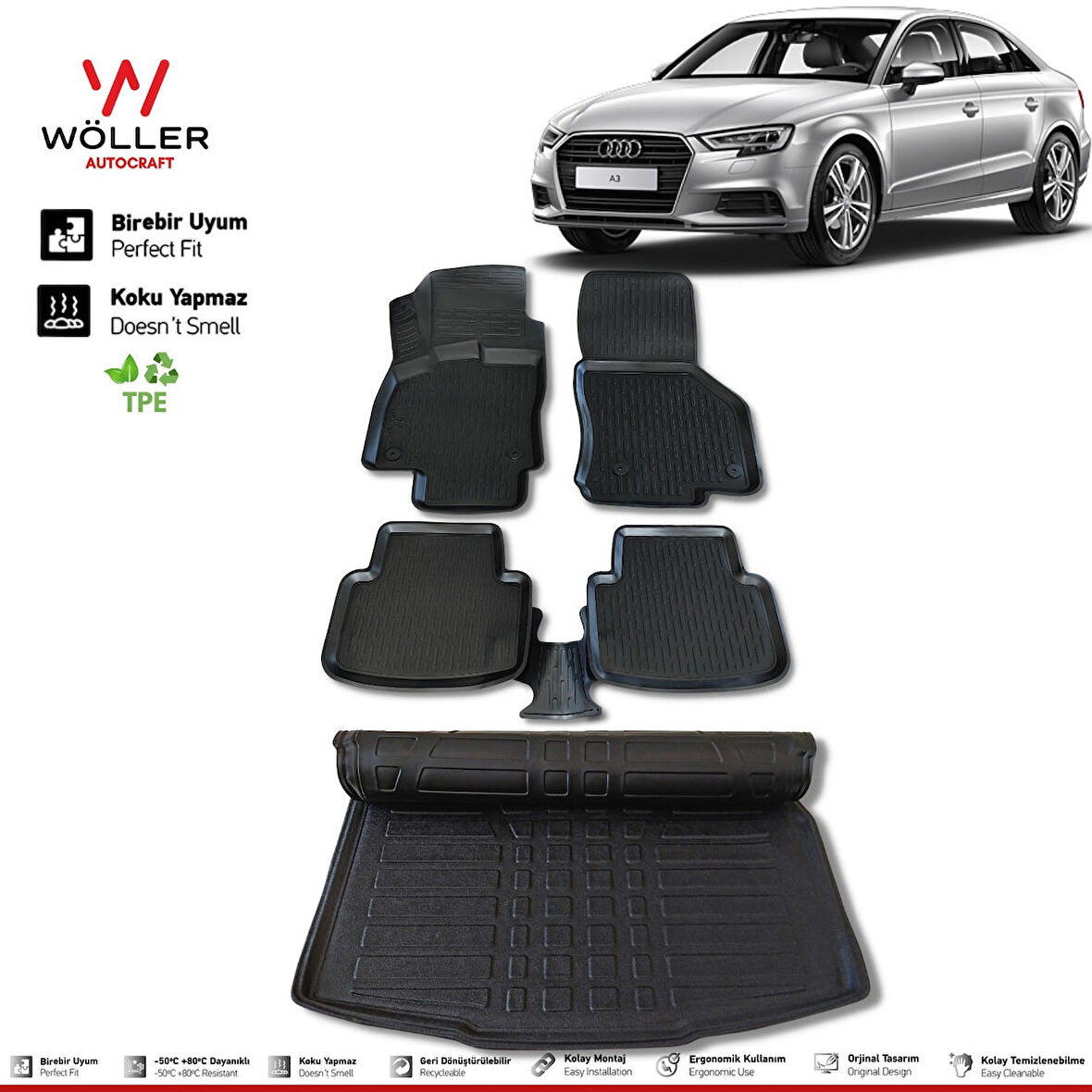 Audi A3 Sedan Paspas Bagaj Havuzu 2013 2020 Arası 3D Wöller Ultraflex Set