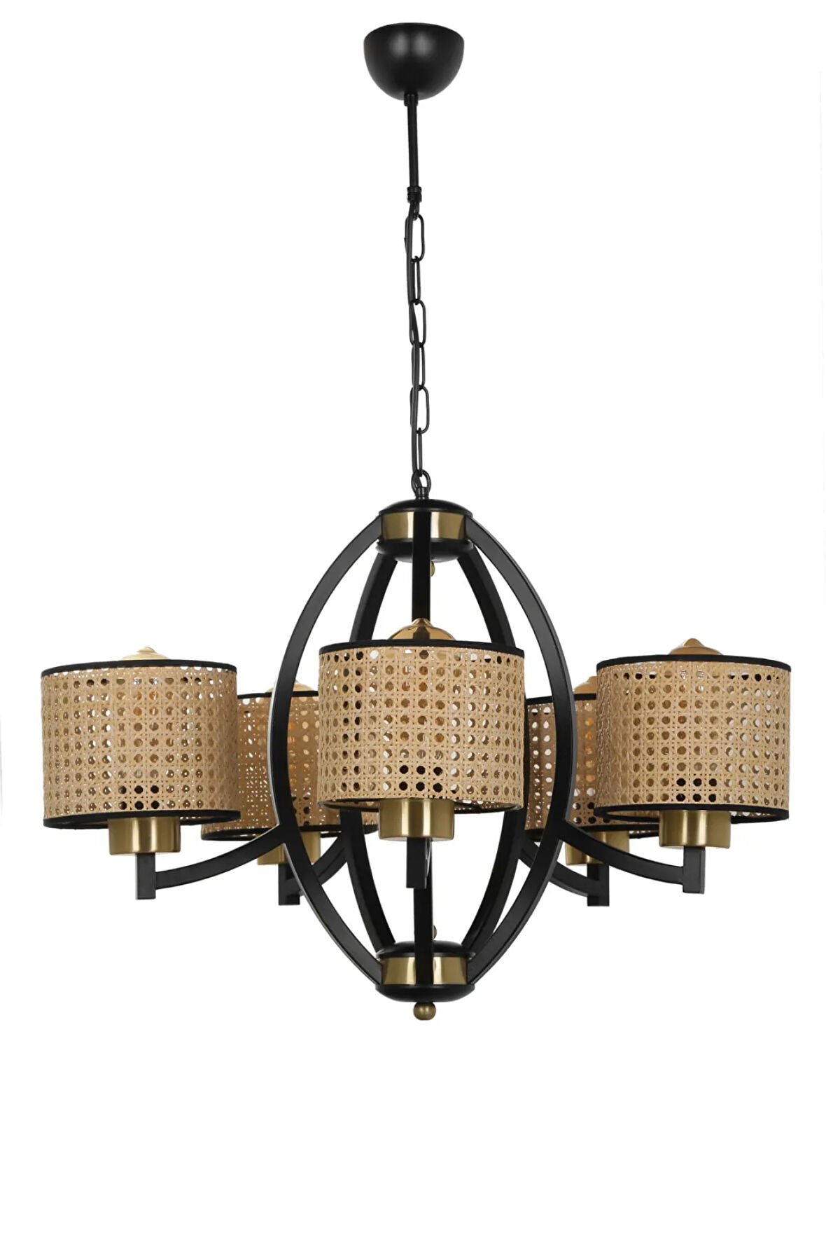 PAUL 5 Lİ SİYAH AVİZE RATTAN ABAJURLU