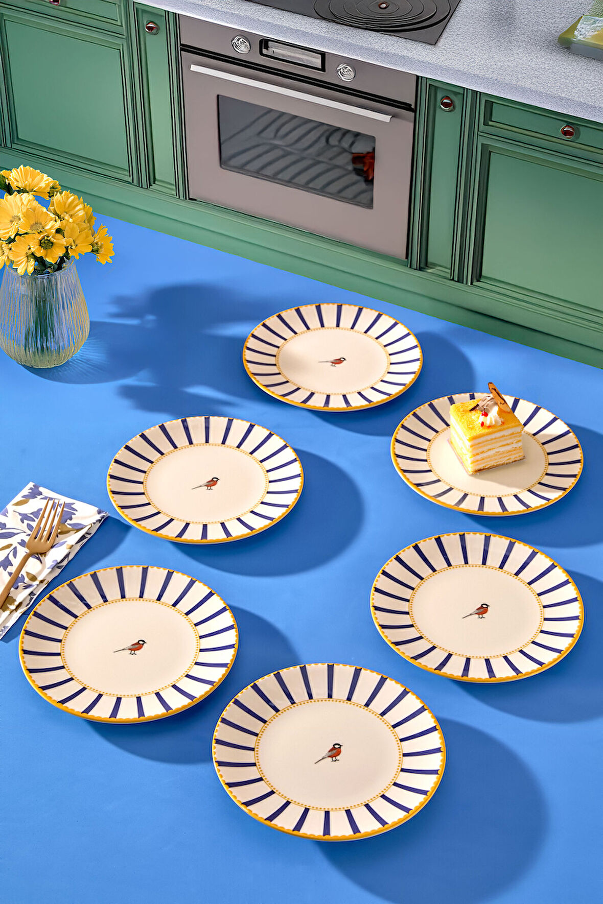 6 lı Pasta Sunum Tabağı Seti - Modern Kuş Desen Çizgili Kek Tatlı Kurabiye Tabak Takımı Mavi - 17 cm