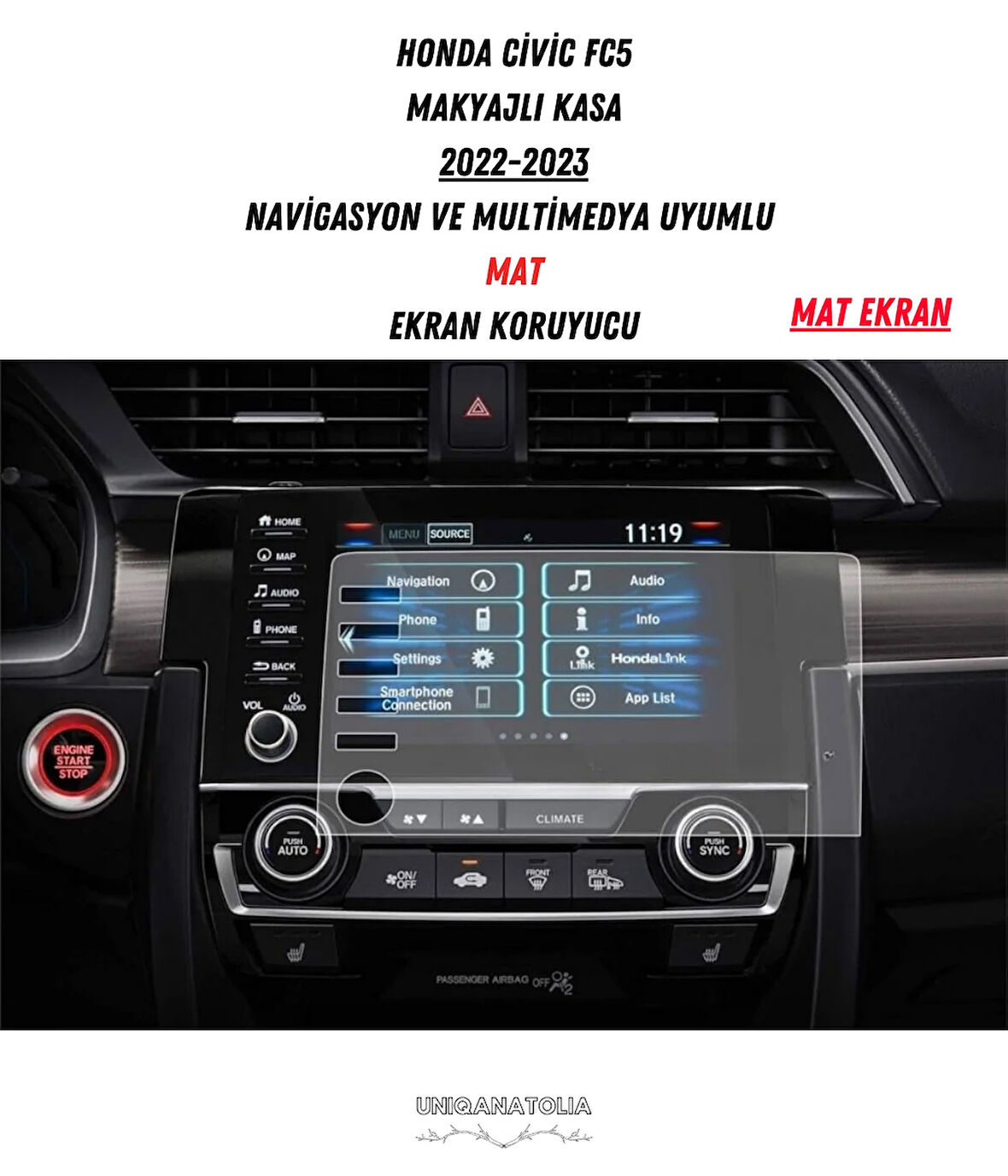 Honda Civic FC5 Makyajlı Kasa Navigasyon ve Multimedya Uyumlu Mat Ekran Koruyucu