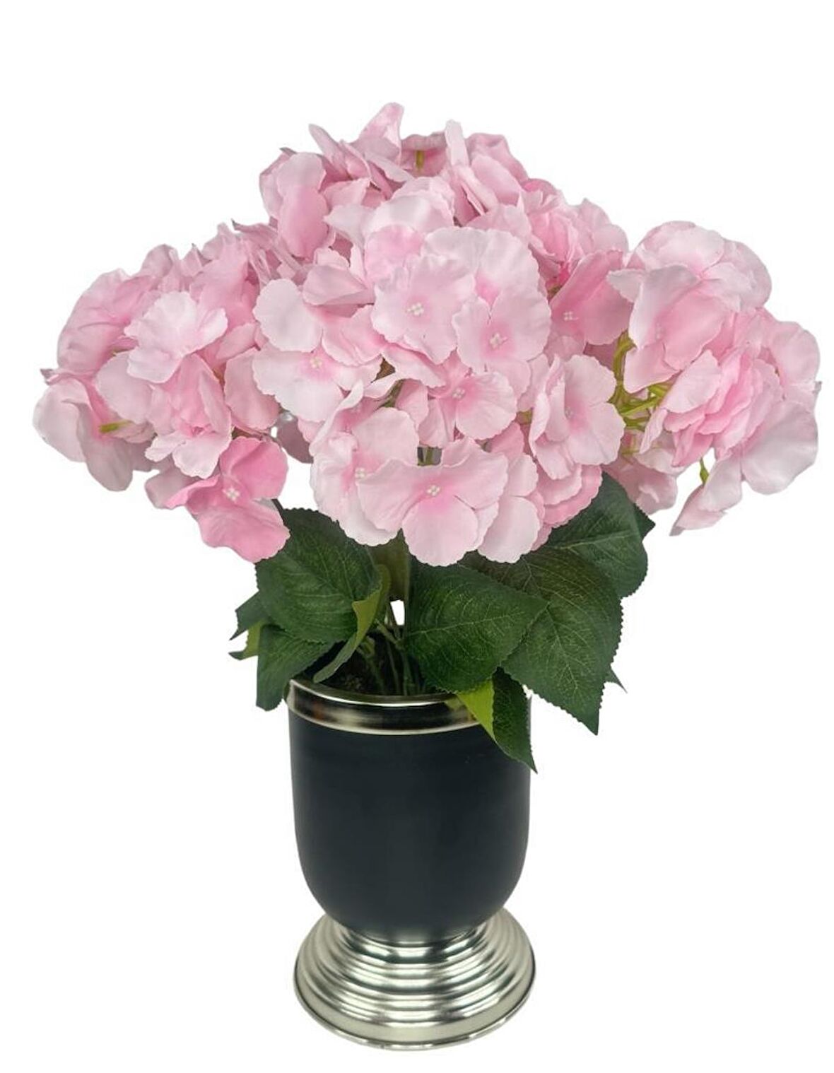 Yapay Çiçek Pembe Ortanca Aranjmanı Siyah Gümüş Vazolu Masa Üstü Çiçeği Arajman