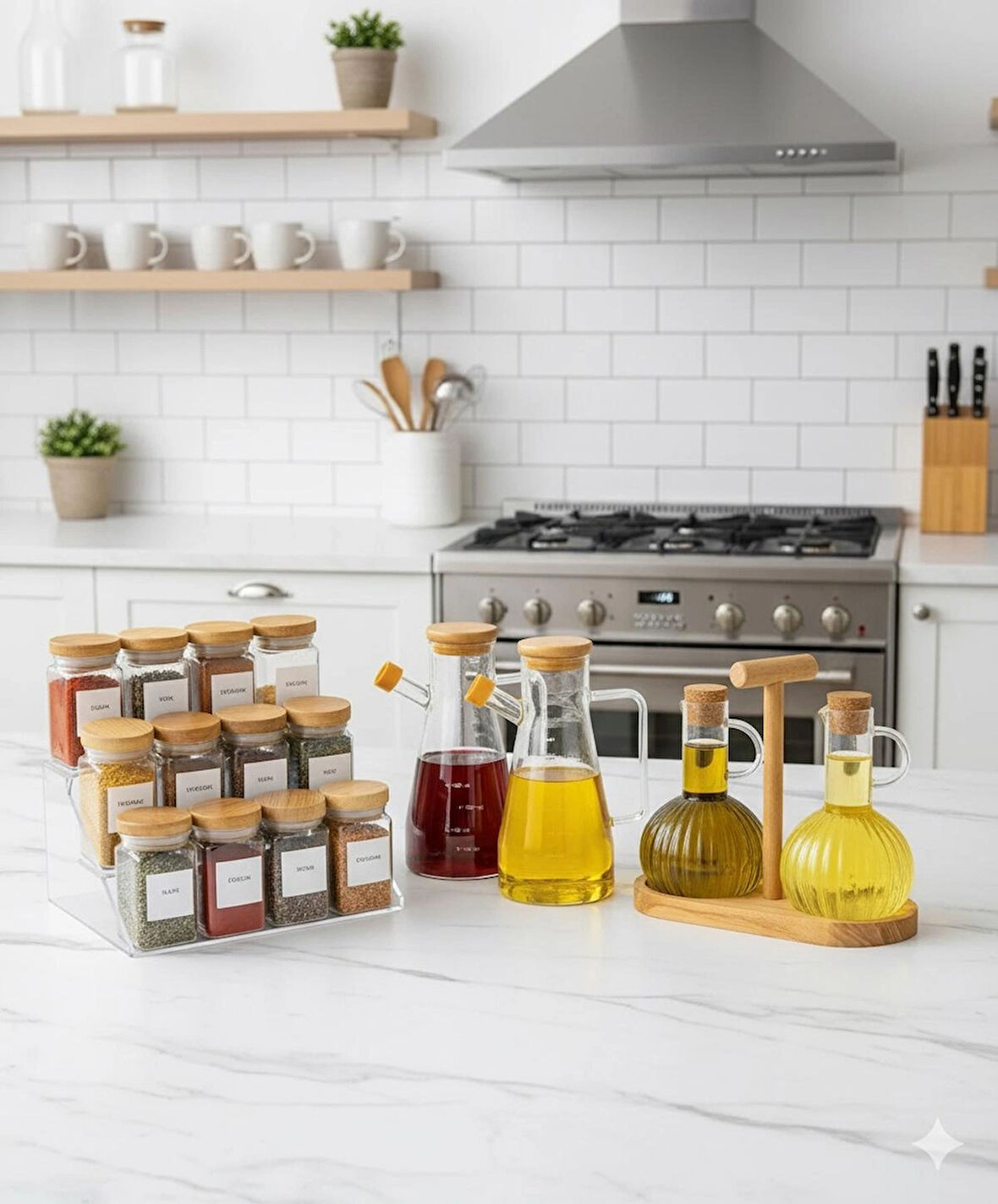 Mutfak Seti 12'li Bambu Kapaklı Baharatlık Seti 4'lü Şık Cam Yağdanlık Sirkelik Seti-Toplam 16 Parça