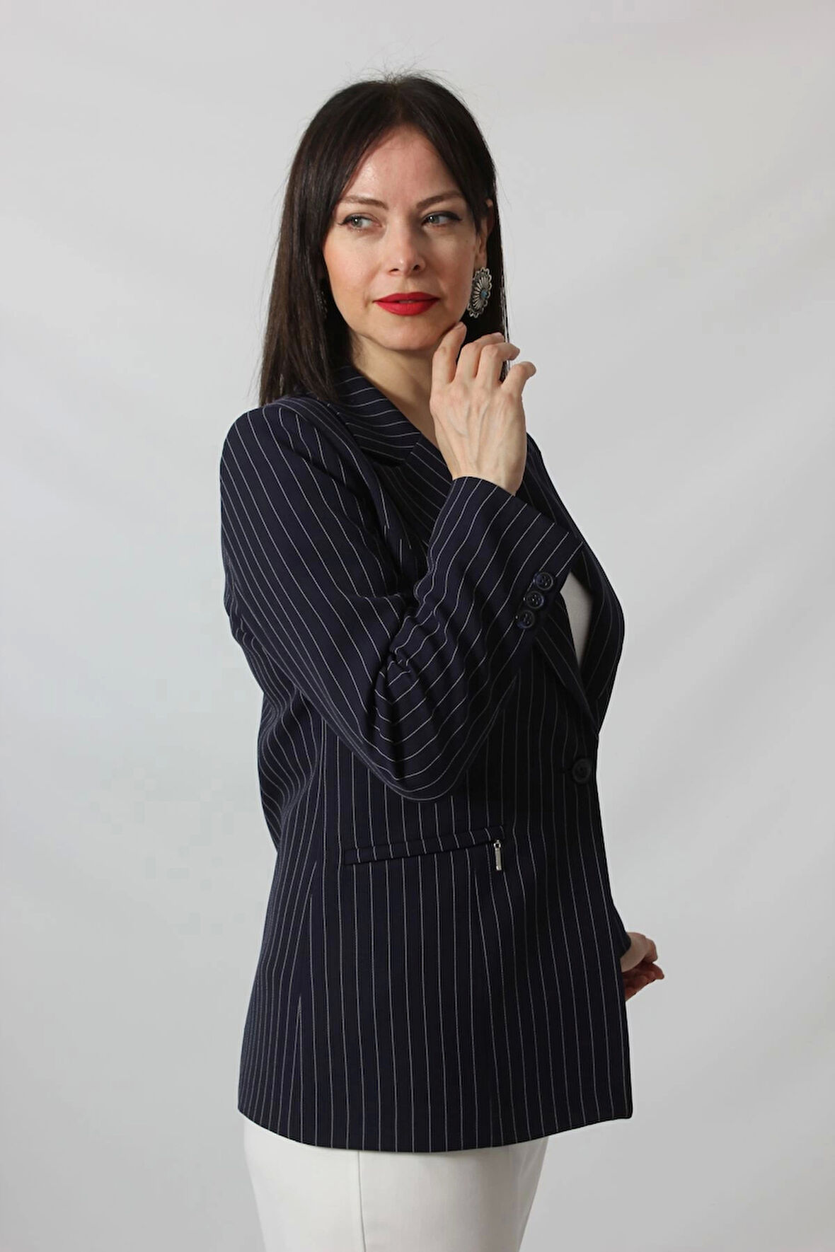 1906 Lacivert Çizgili Fermuarlı Cep Aksesuarlı  Kadın Büyük Beden Blazer Ceket