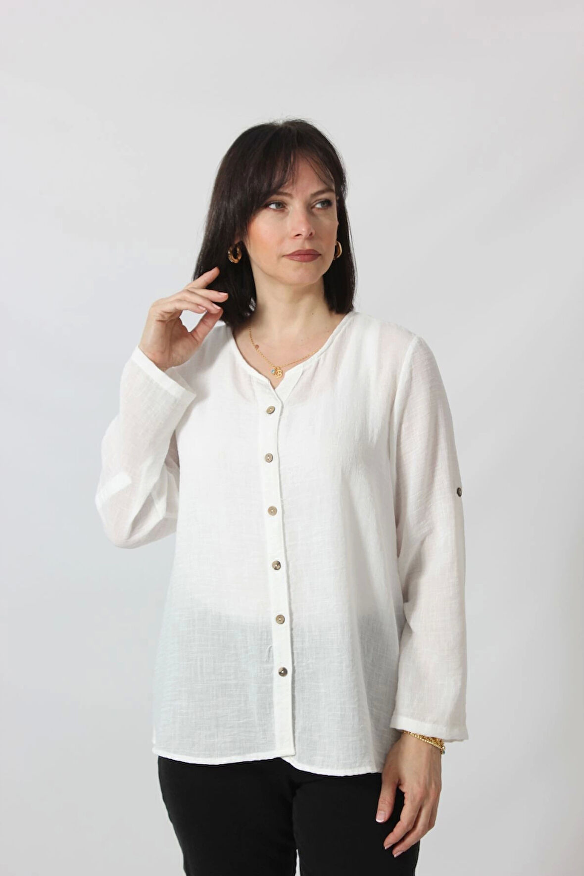 BB-0269 KETEN KOLU APOLETLİ SIFIR YAKA BÜYÜK BEDEN BEYAZ GÖMLEK 