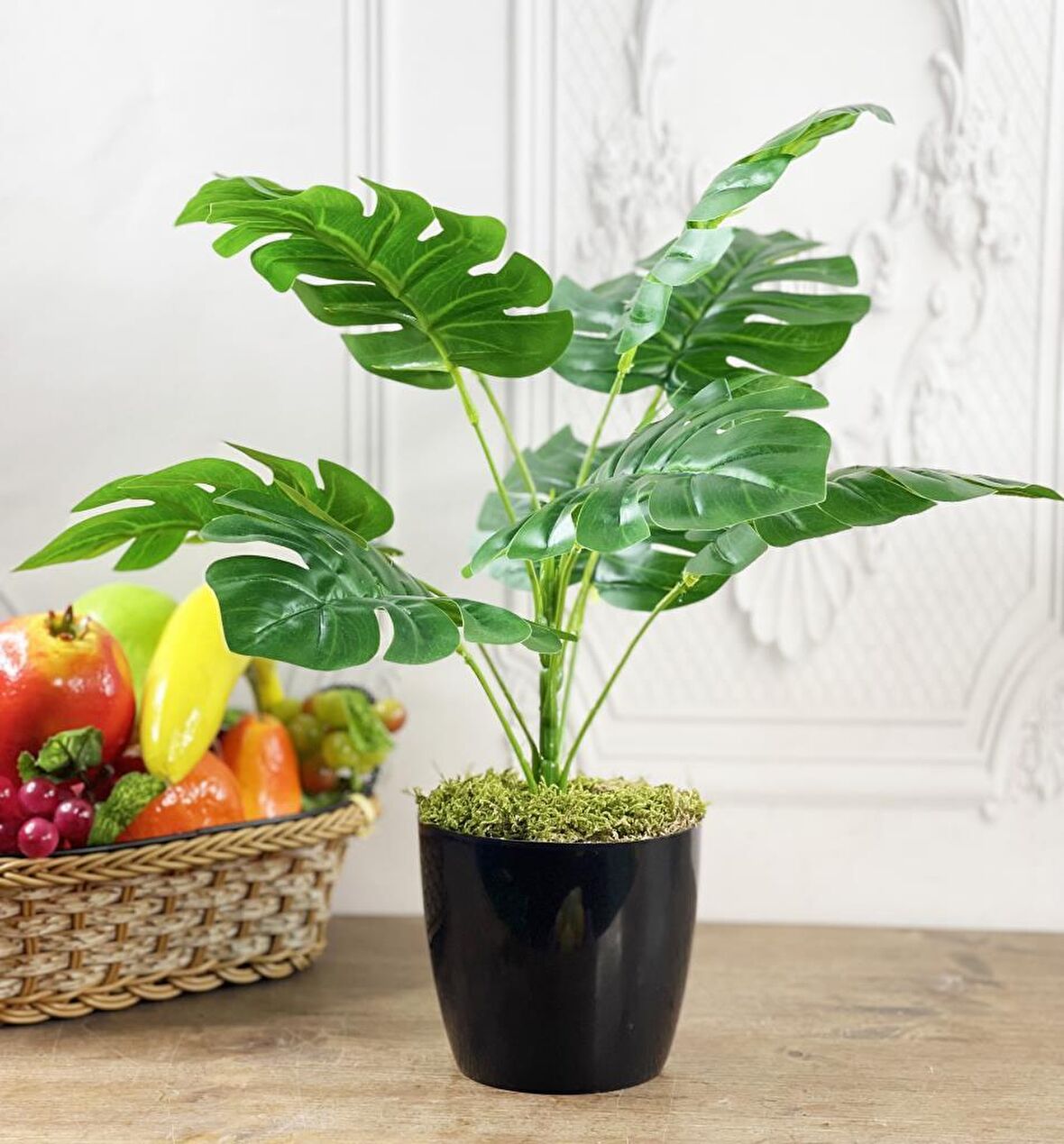 Yapay Çiçek Monstera 9 Dal Siyah Plastik Saksılı Deve Tabanı Dekoratif Süs Çiçeği