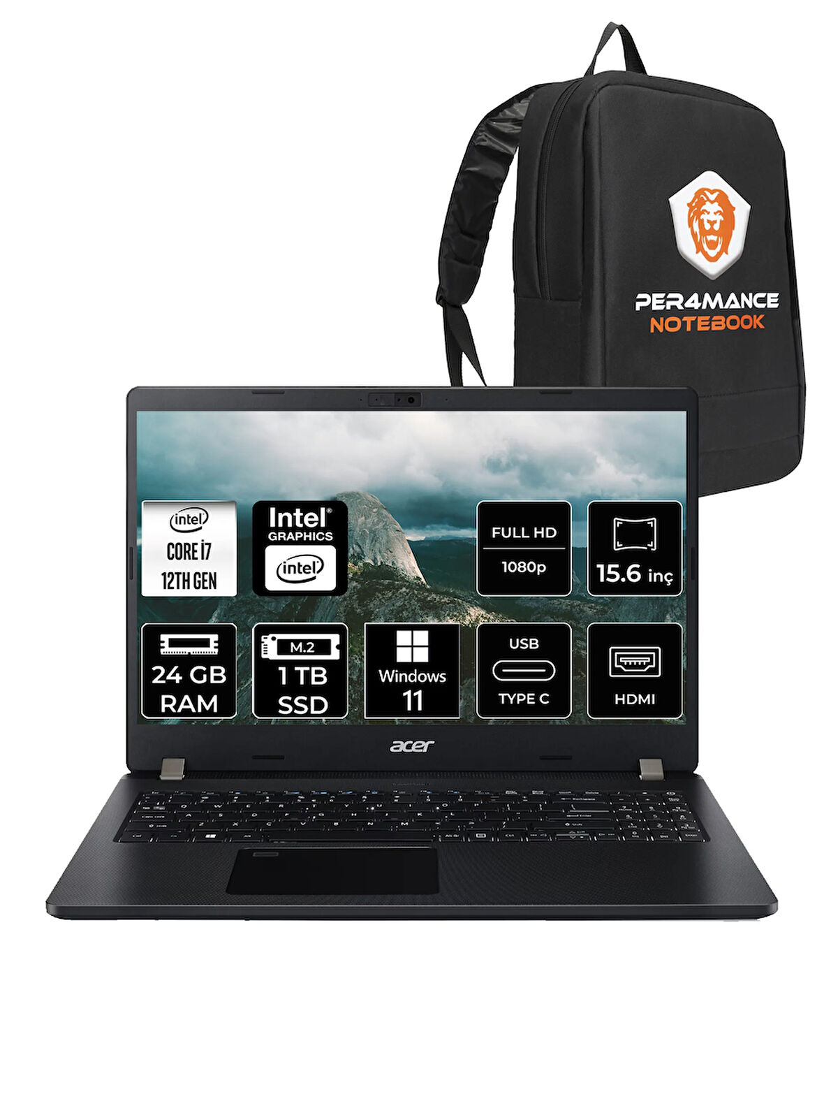 ACER TravelMate P2 i7 1255U 24GB RAM 1TB SSD 15.6'' FHD W11P Taşınabilir Bilgisayar & PER4 ÇANTA