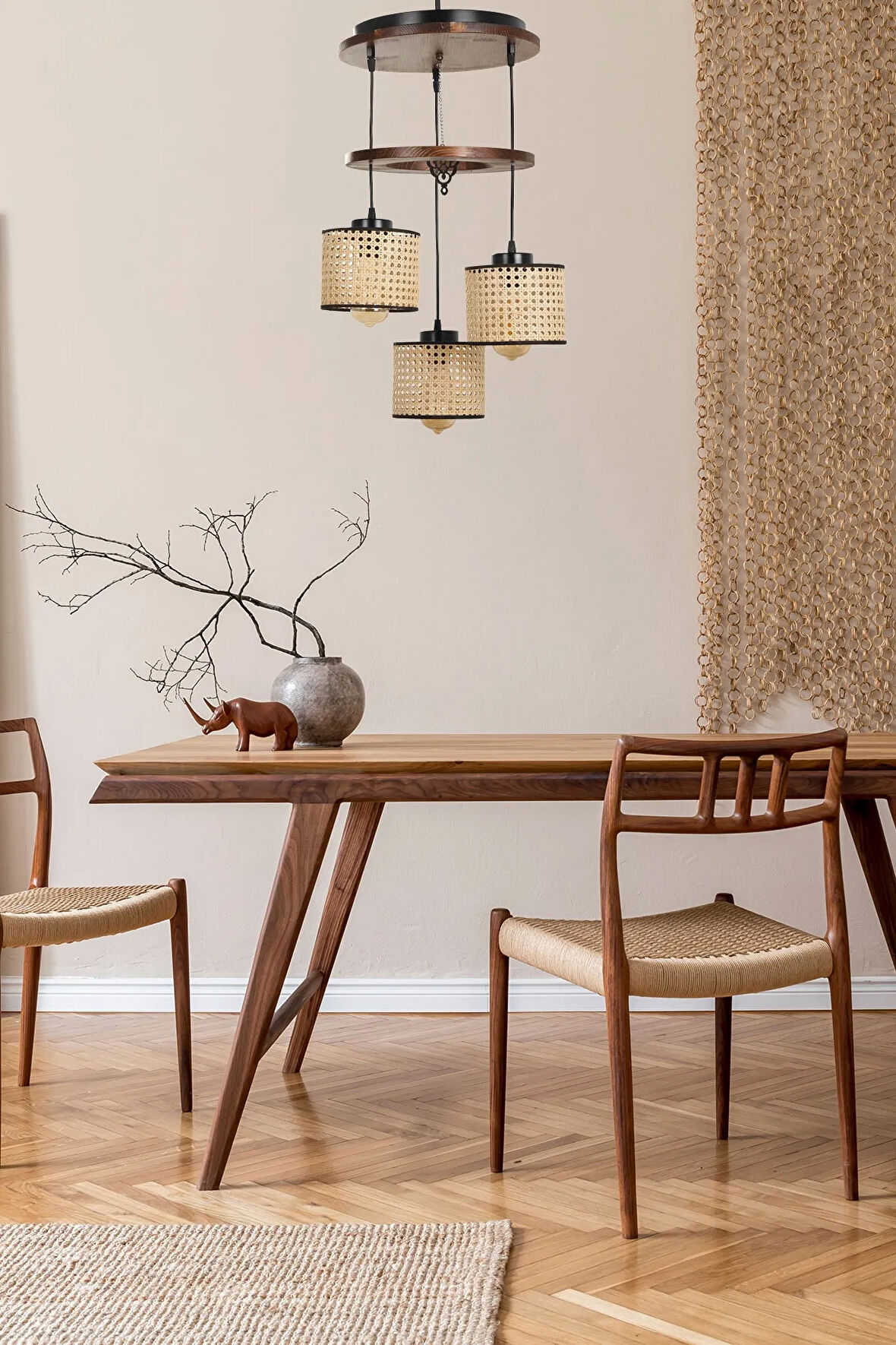 DAVİD 3 LÜ TEPSİLİ CEVİZ RATTAN ABAJURLU SARKIT