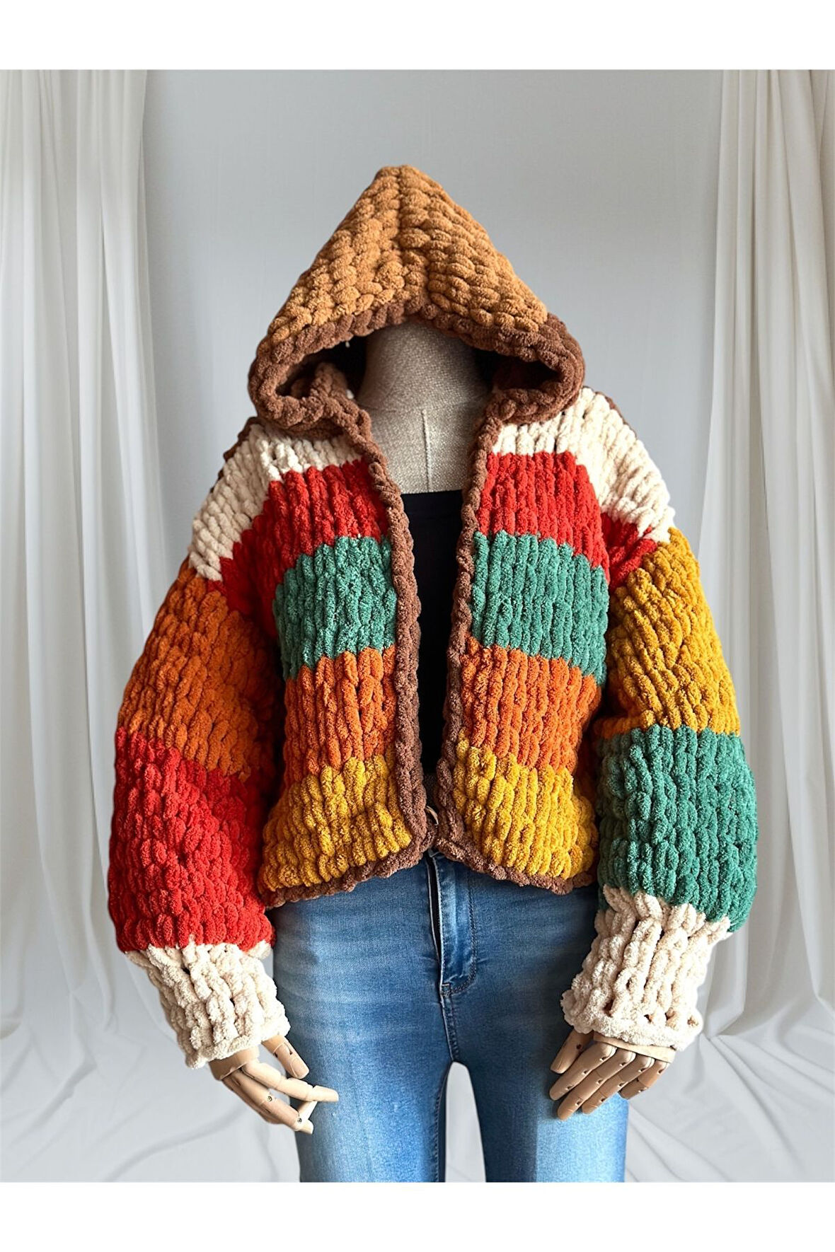 El yapımı örgü retro kapüşonlu chunky hırka Renkli / Standart