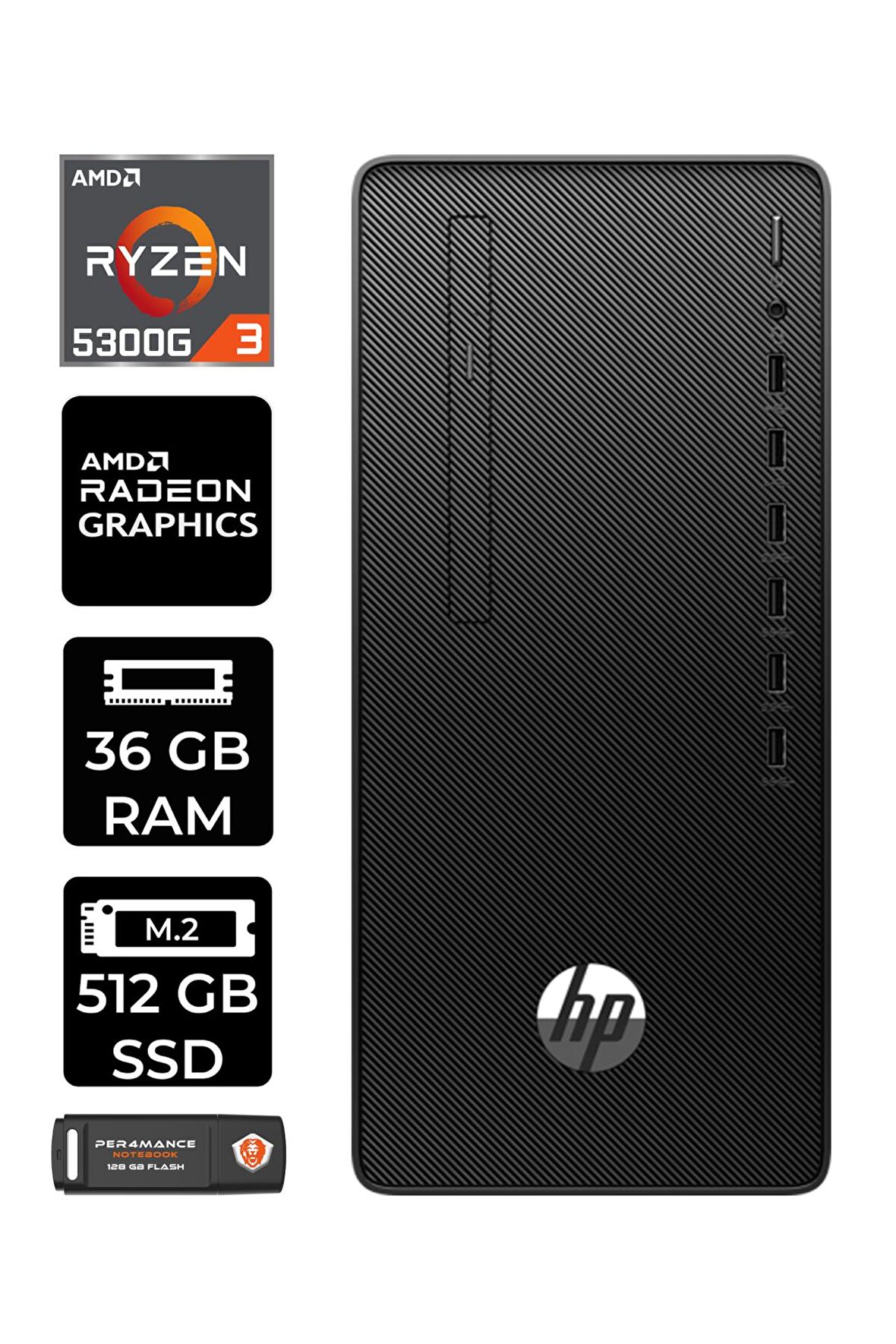 HP 295 G9 RYZEN 3 5300G 36GB RAM 512GB SSD RX550/4GB W11PRO 6D391EA MASAÜSTÜ PC & PER4 BELLEK