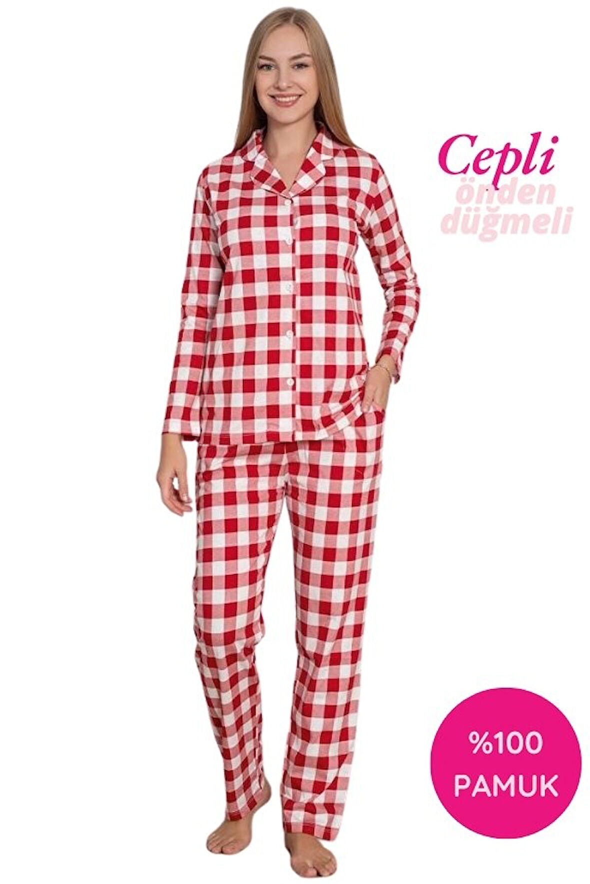 Kadın Ekose Desen Gömlek Yaka Önden Düğmeli %100 Pamuk Penye Mevsimlik Uzun Kol Cepli Pijama Takımı