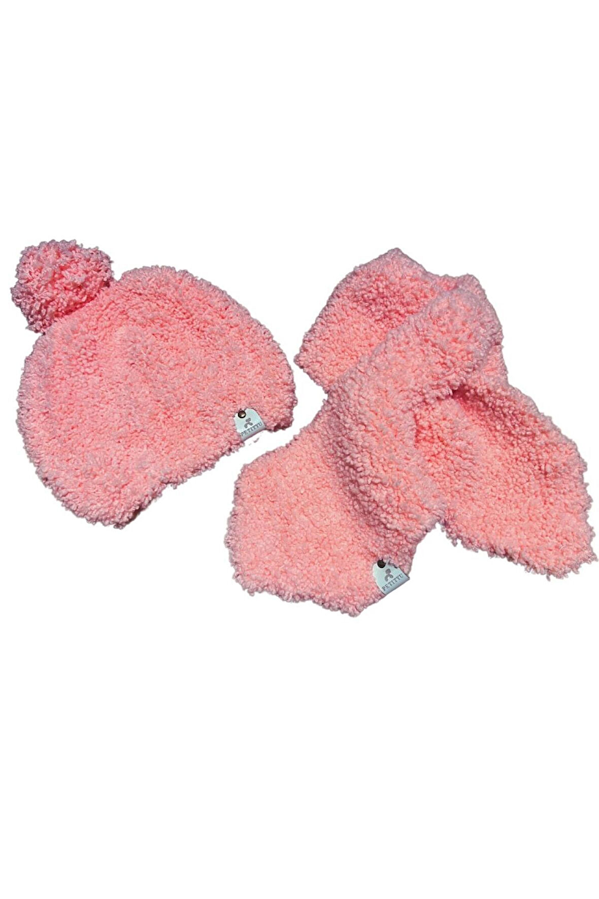 Petityu El Örgüsü Puffy Pembe Atkı Bere Set Yumuşacık Sıcak Tutar 3-7 Yaş