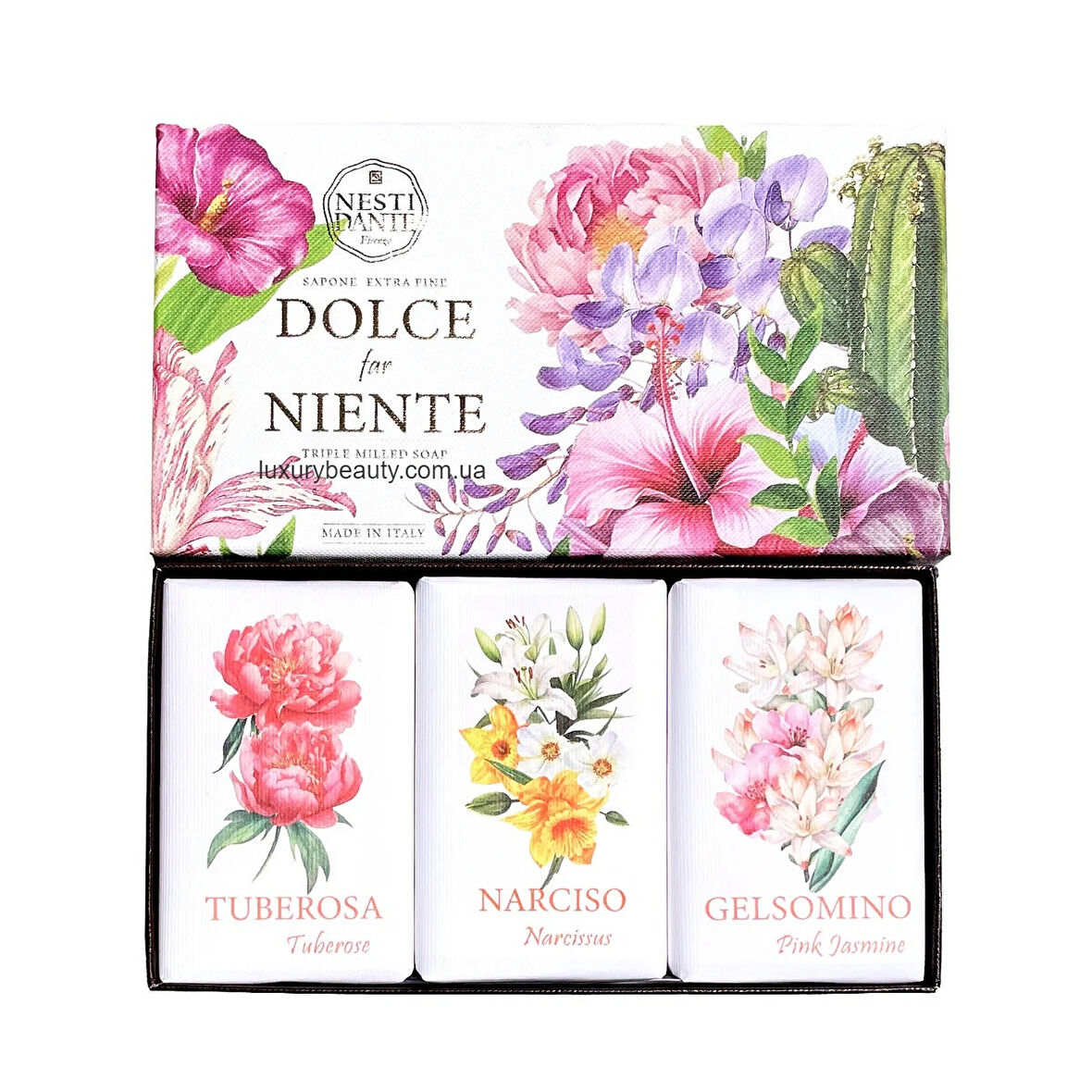 Dolce ve Niente Tuberose, Nergis ve Pembe Yasemin Vegan Bakım Seti (Sabun: Pink Jasmine, Narcissus and Tuberose )3*150gr