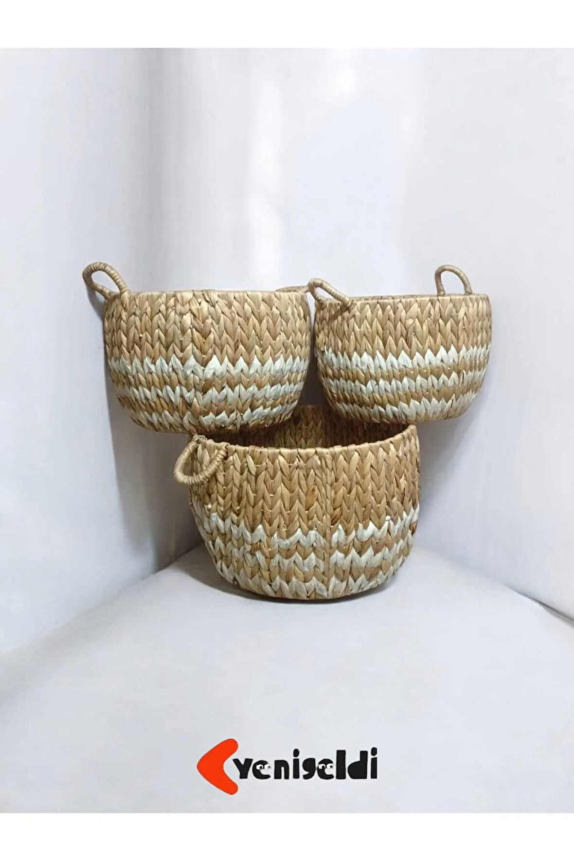 3lü Doğal Hasır Sepet Beyaz Çizgili Yen2400143