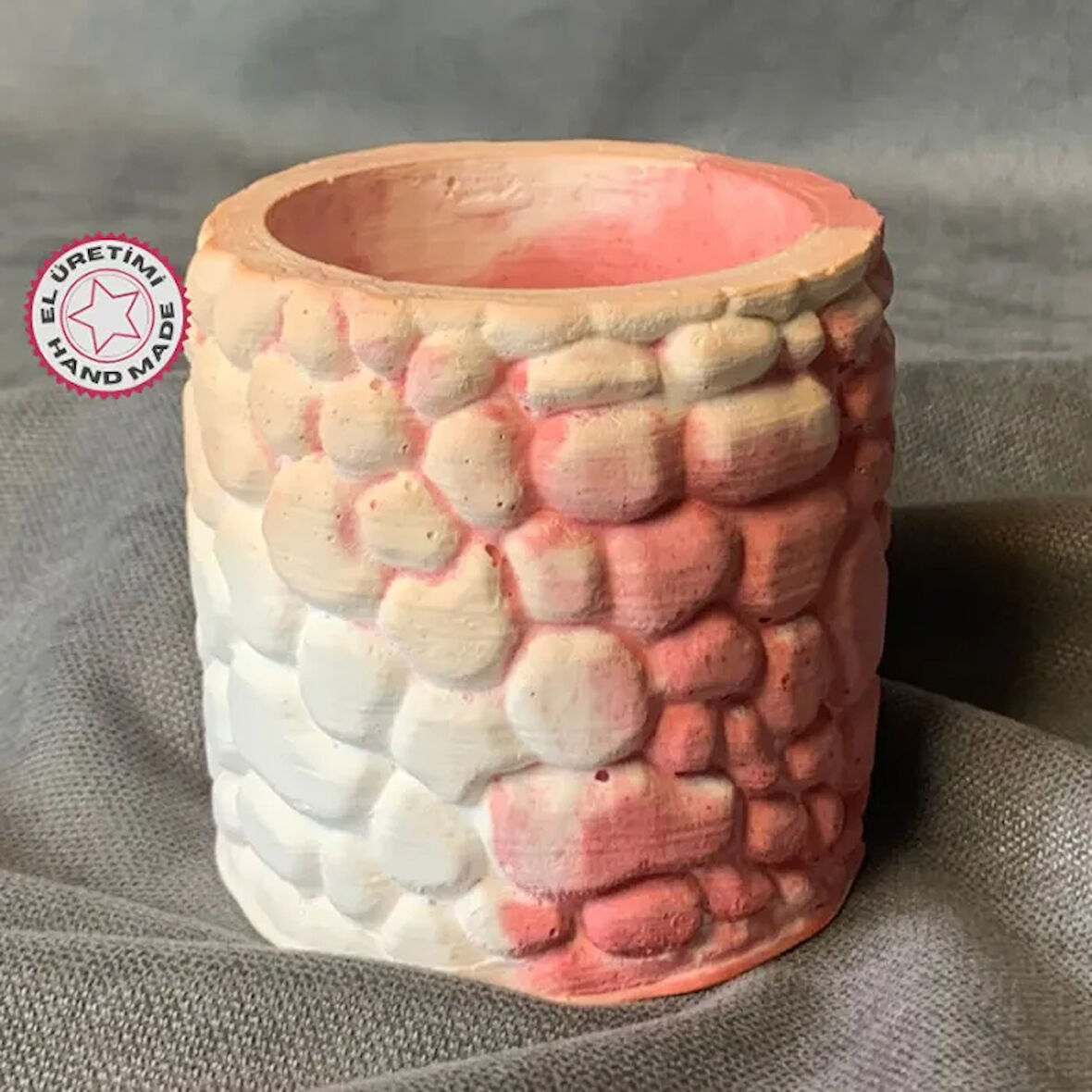 Uretti - Ayşe 7362 - El Yapımı Taş Tozu Minik Pembe - Beyaz Dekoratif Saksı - 6 x 6 cm