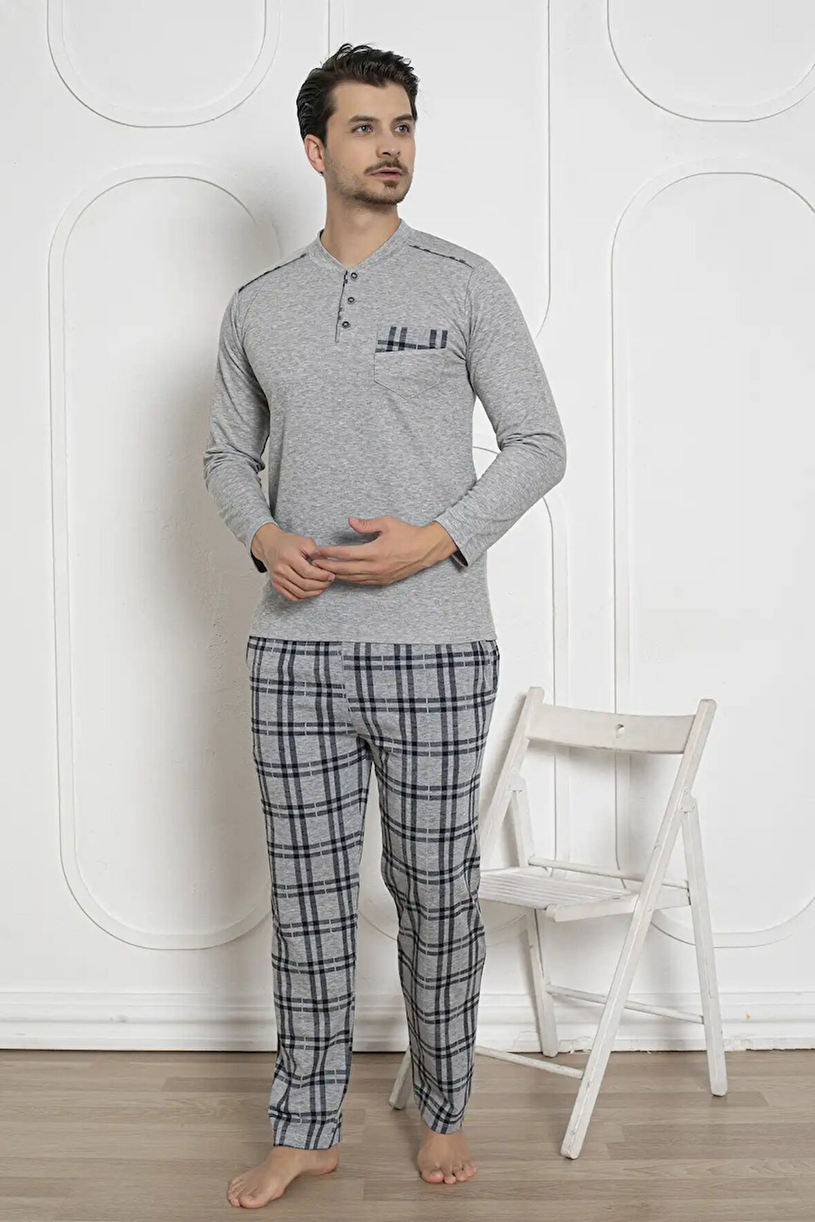 Erkek Ekose Desen Likralı Pamuk Uzun Kol Kışlık İnterlok Göğüs Cepli Pijama Takımı 