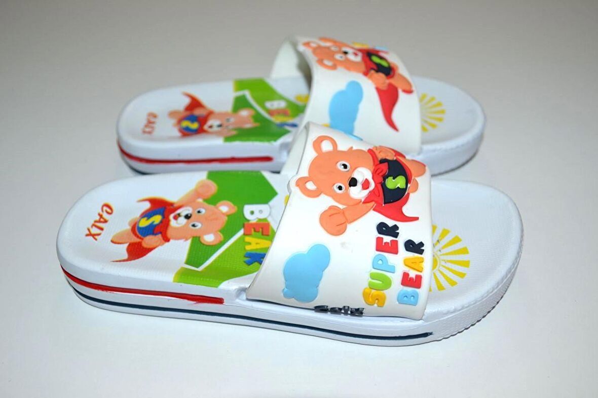 ERKEK ÇOCUK SUPER BEAR YAZILI AYICIK RESİMLİ BEYAZ RENK EVA TERLİK