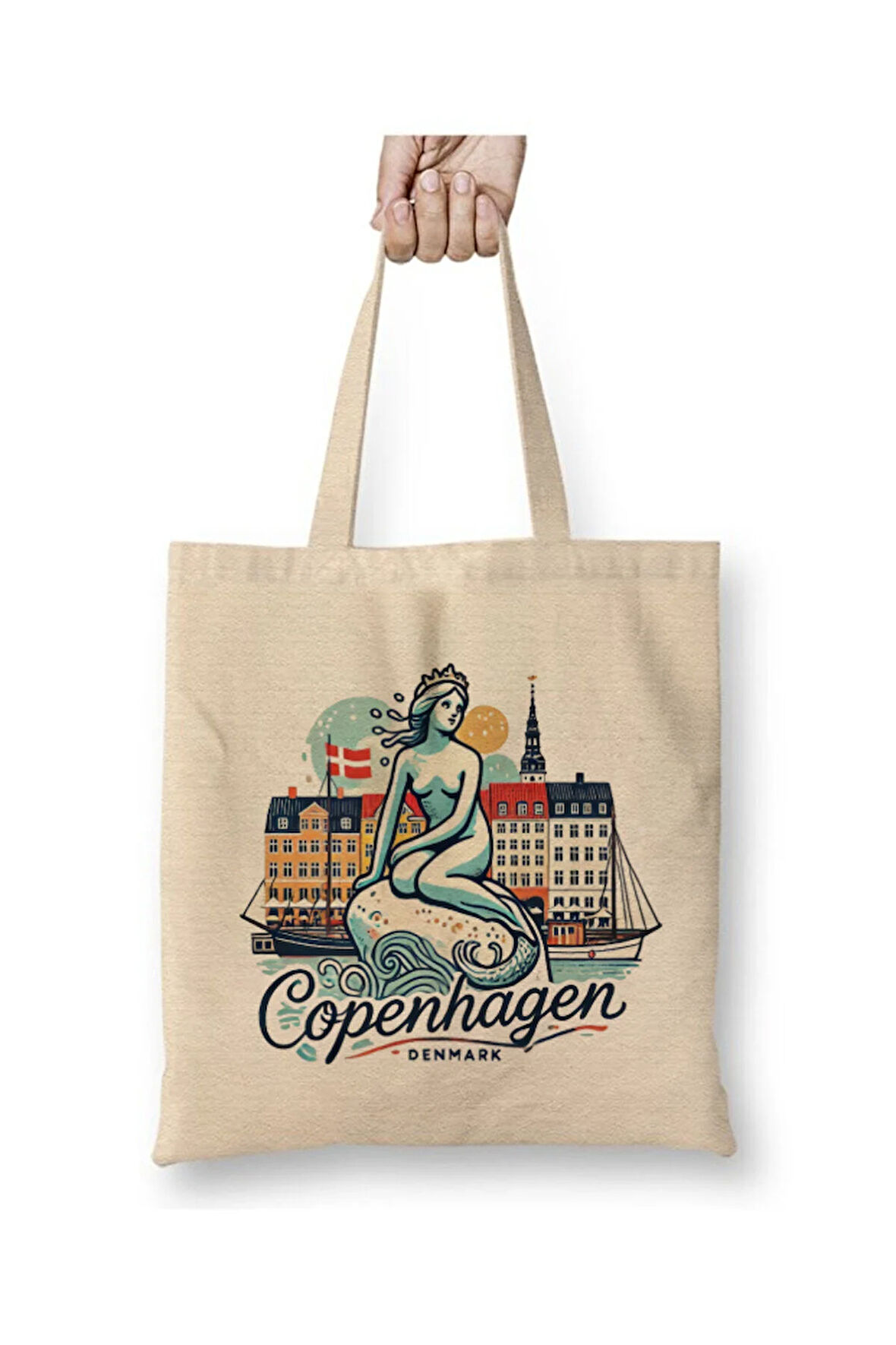 Danimarka Kopenhag Copenhagen Beyaz Bez Çanta Uzun Saplı Alışveriş Çantası Plaj Çantası