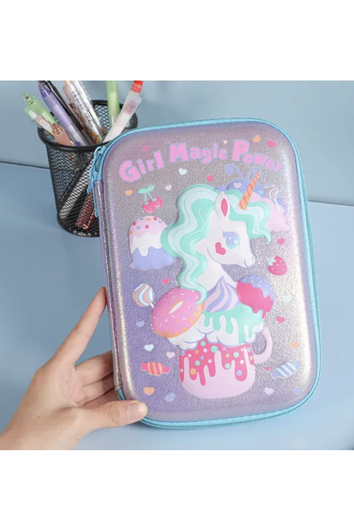 Parlak Simli Unicorn büyük dikdörtgen kalem kutusu