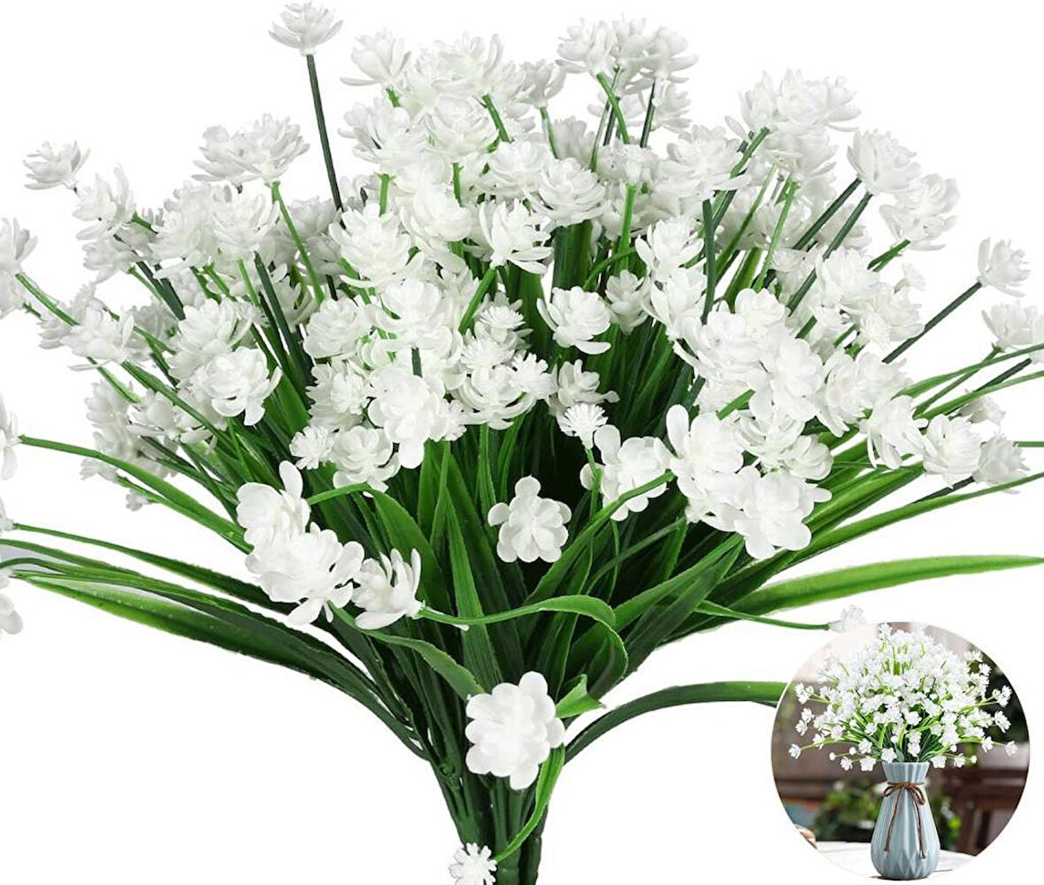 6lı Set Yapay Çiçek Sazlı Lotus Beyaz Renk 7 Dal Plastik  30cm 