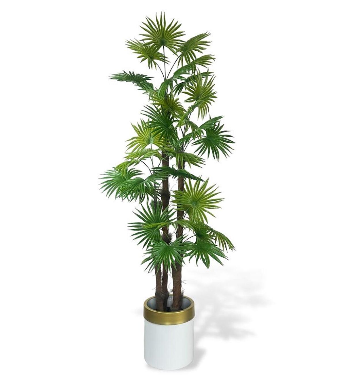 Yapay Ağaç Yelpaze Palmiye 4Katlı Fanpalm 32 Yaprak Altın Kemerli Beyaz Saksıda 170*65cm