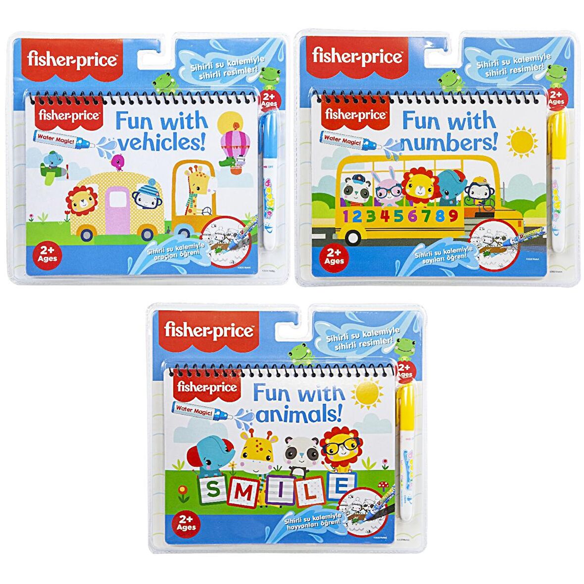 Fisher Price 3lü Set Araçlar Hayvanlar Sayılar Sihirli Boyama Kitabı Water Painting