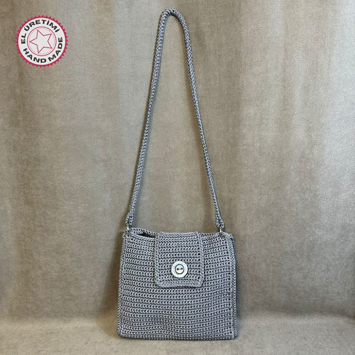 Uretti - Hülya 6683 6717 El Örgüsü Gri Makrome İp Kadın Omuz Çantası
