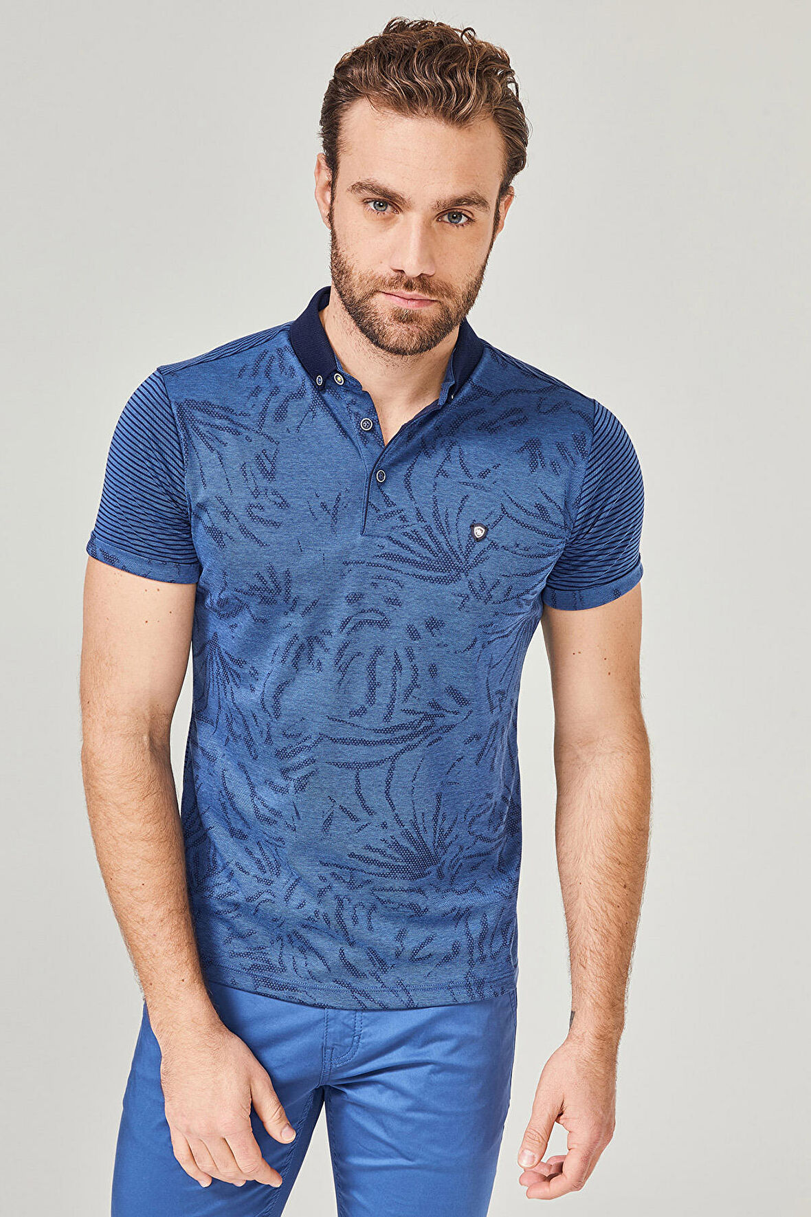 Mcl Erkek Polo Yaka Pamuklu Slim Fit Desenli T-Shirt 26199 Indigo