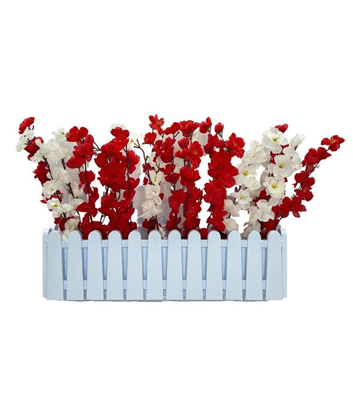 Yapay Çiçek Beyaz Çit Balkon Saksısı Kırmızı Beyaz Bahardalı 55*20cm