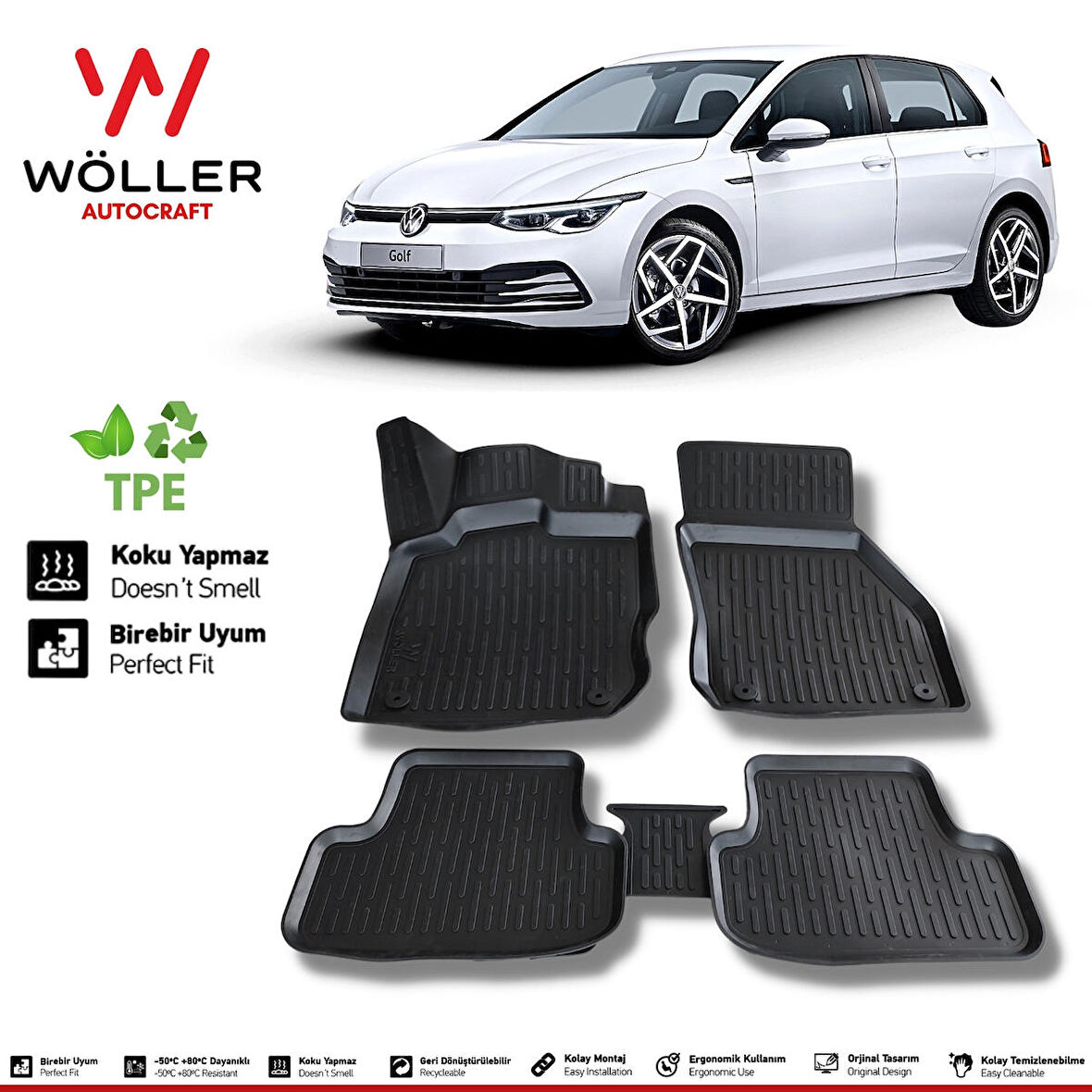 VW Golf 8 Paspas 2021 Sonrası E TSi Otomatik ve Manuel Uyumlu 3d Havuzlu Wöller Paspas