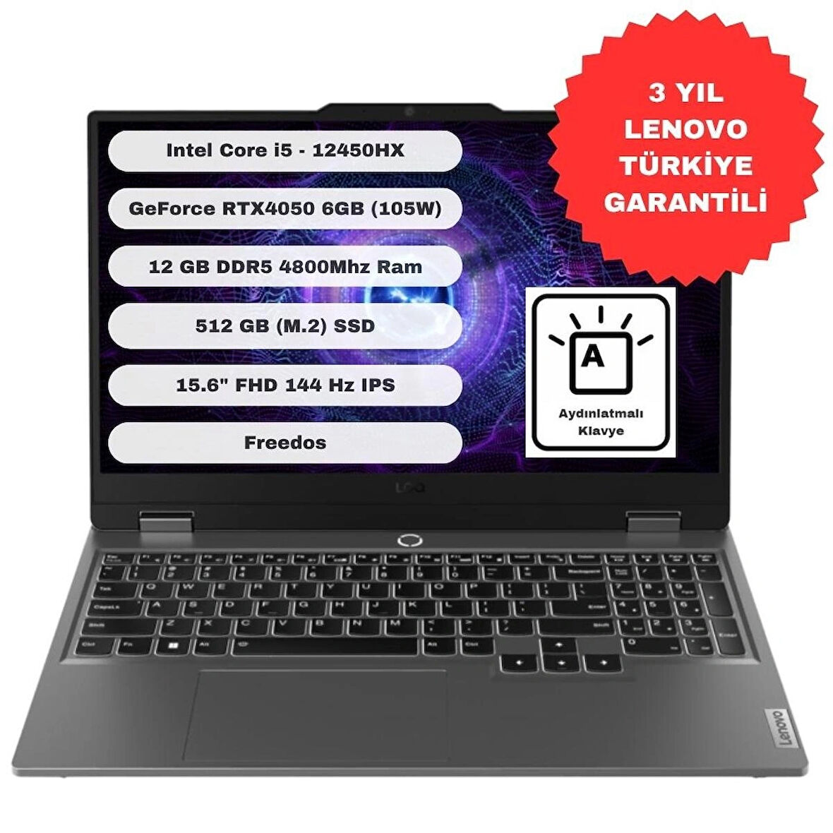 lenovo LOQ 15IAX9 Intel Core i5 12450HX 12GB 512GB SSD RTX4050 Freedos 15.6'' FHD Taşınabilir Bilgisayar 83GS00Q7TR